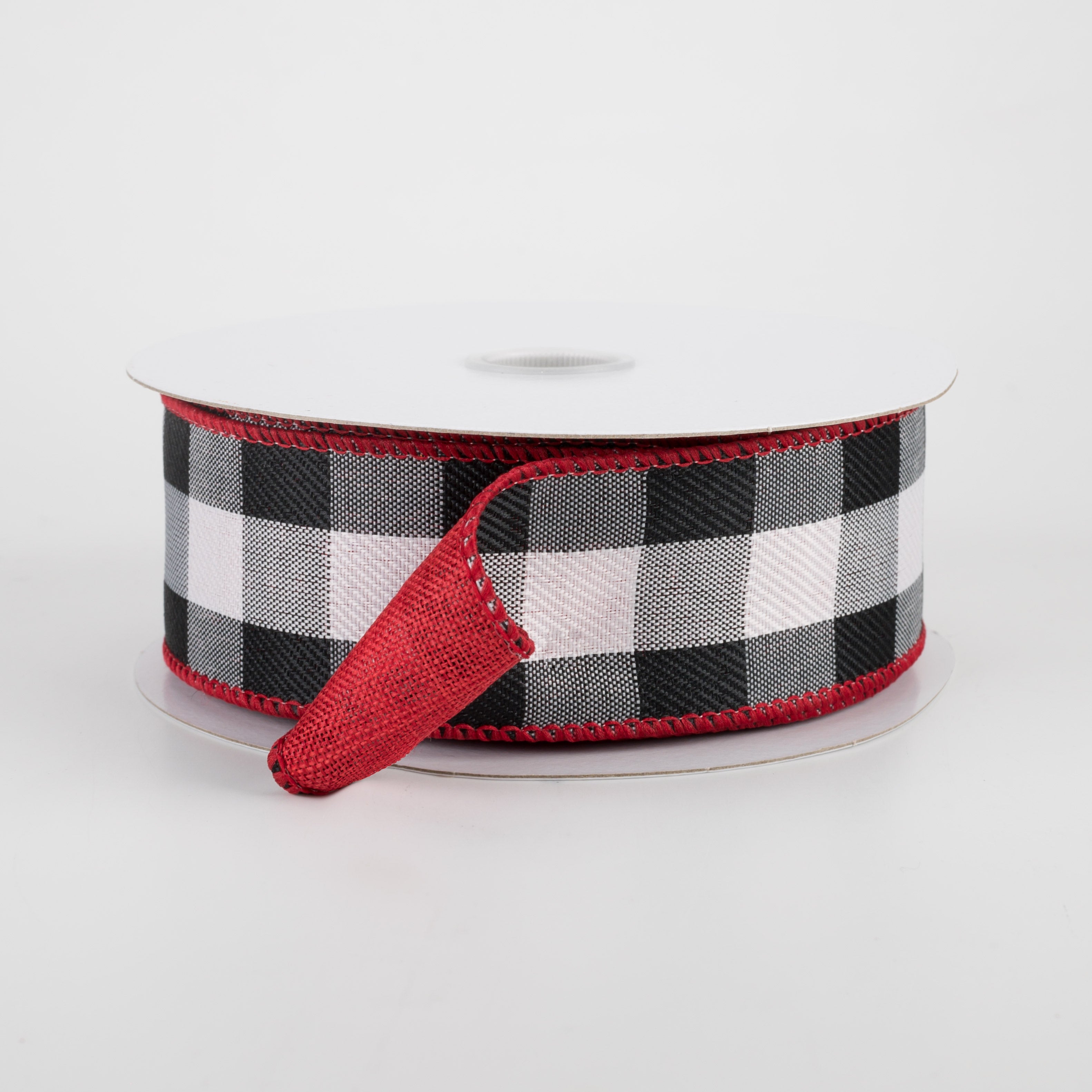 1.5" Two Sided Buffalo Plaid & Linen Ribbon: Black, White, Red (10 Yards)