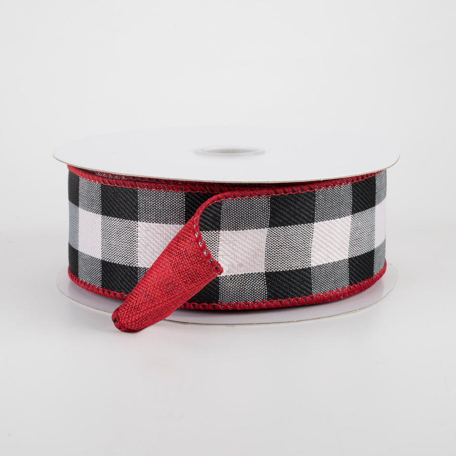1.5" Two Sided Buffalo Plaid & Linen Ribbon: Black, White, Red (10 Yards)