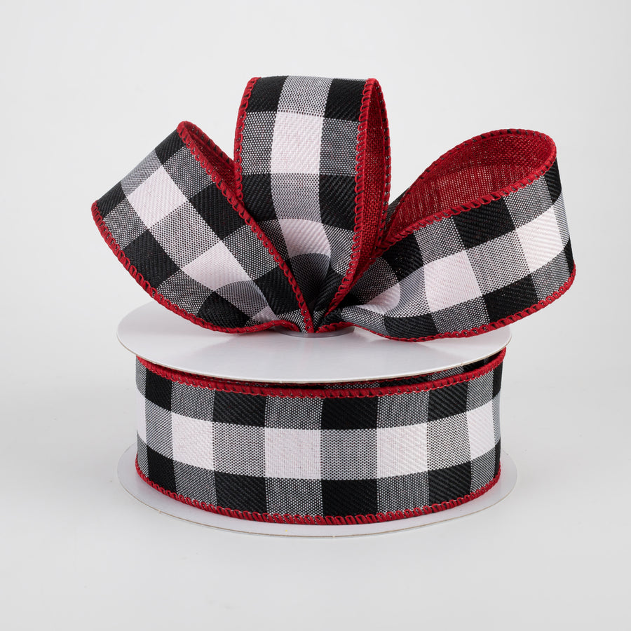1.5" Two Sided Buffalo Plaid & Linen Ribbon: Black, White, Red (10 Yards) Lifestyle Photo