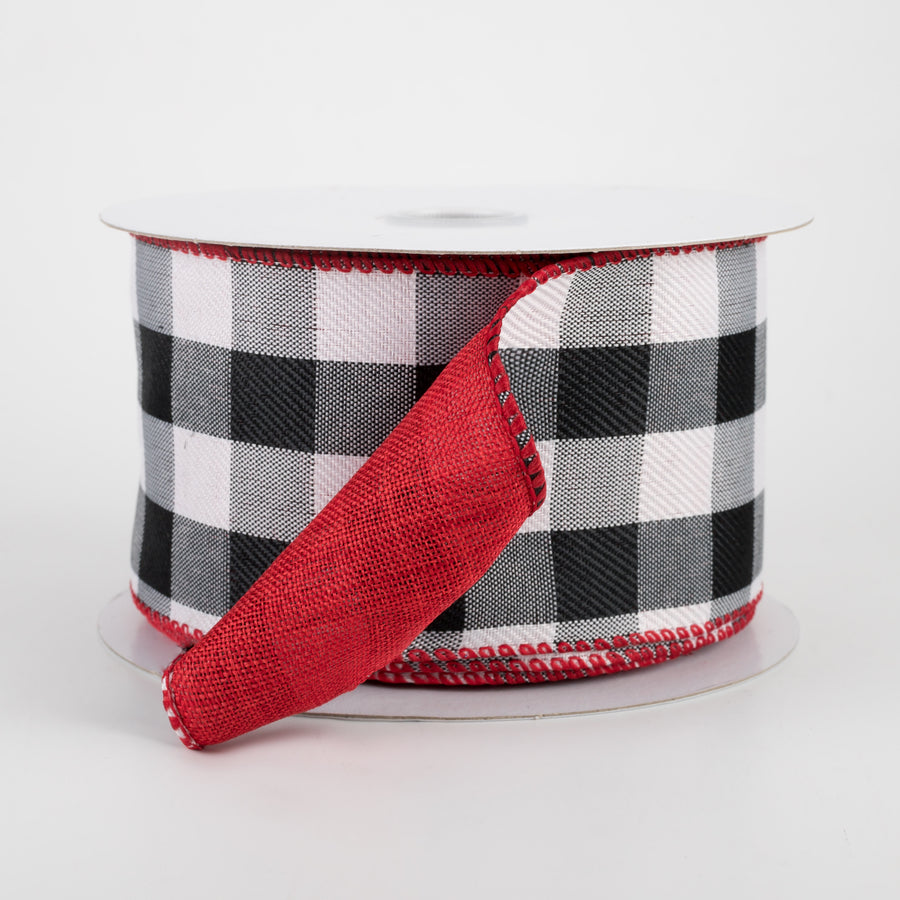 2.5" Two Sided Buffalo Plaid & Linen Ribbon: Black, White, Red (10 Yards)