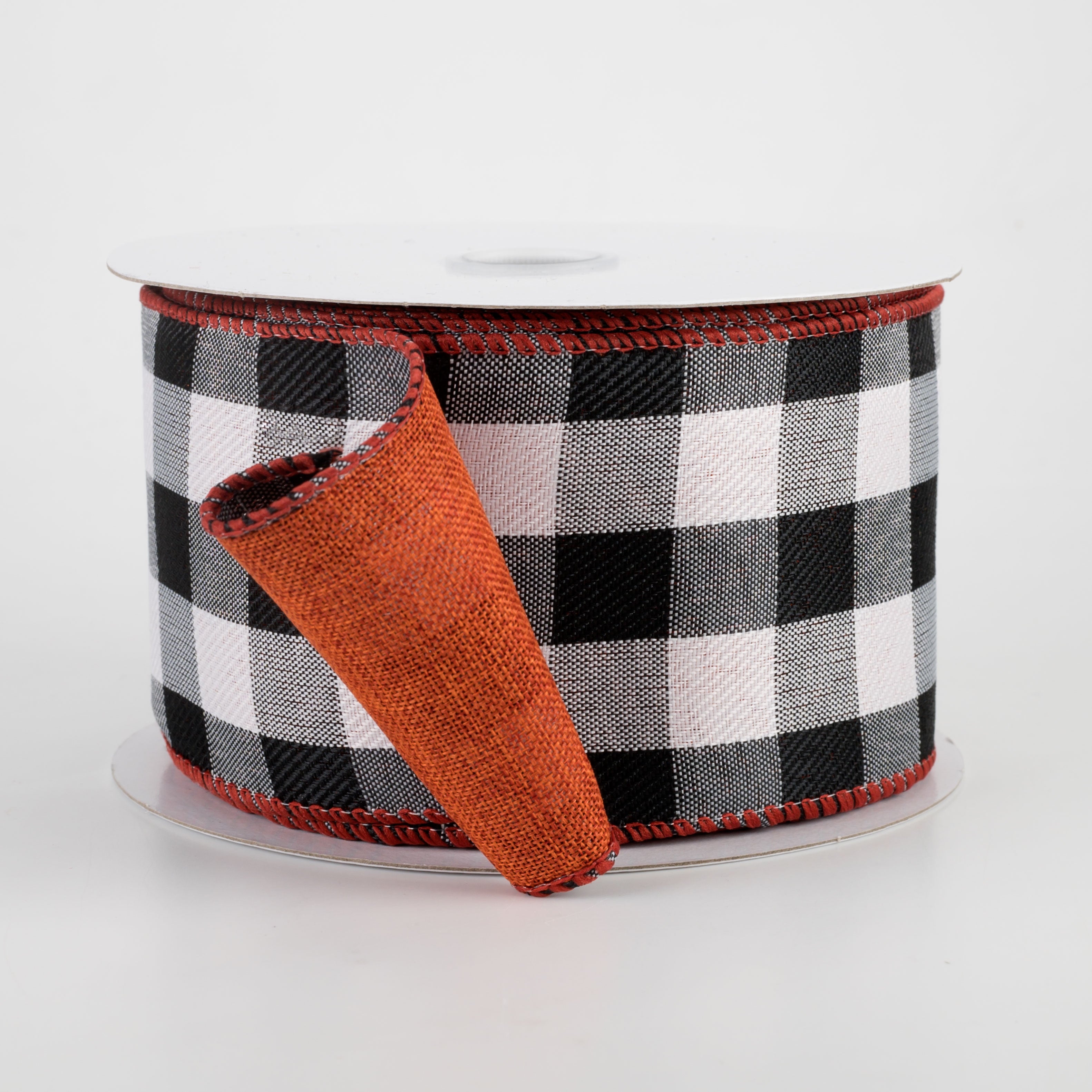 2.5" Two Sided Buffalo Plaid & Linen Ribbon: Black, White, Rust (10 Yards)