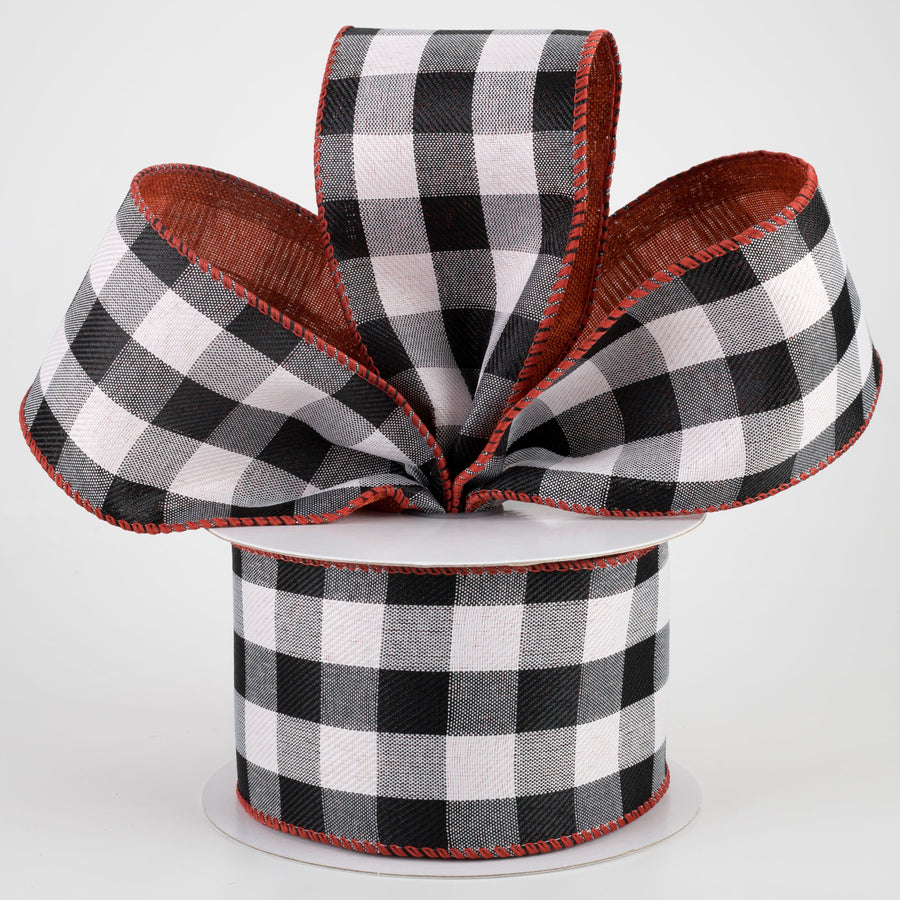2.5" Two Sided Buffalo Plaid & Linen Ribbon: Black, White, Rust (10 Yards) Lifestyle Photo