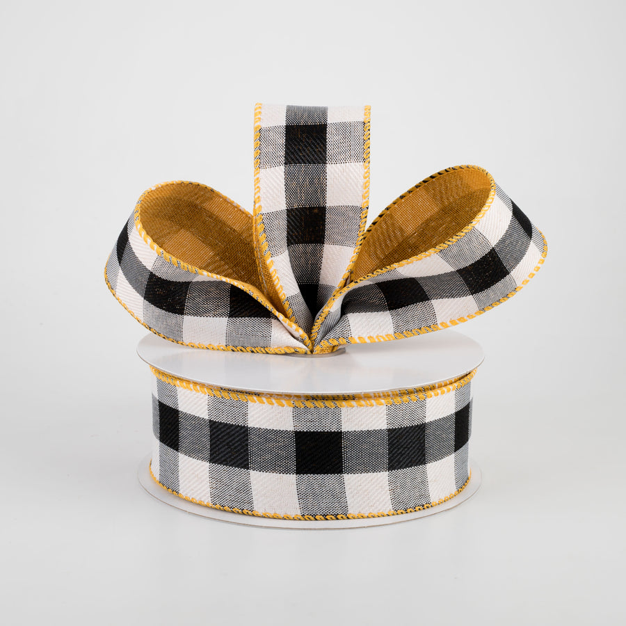 1.5" Two Sided Buffalo Plaid & Linen Ribbon: Black, White, Sunflower Yellow (10 Yards) Lifestyle Photo