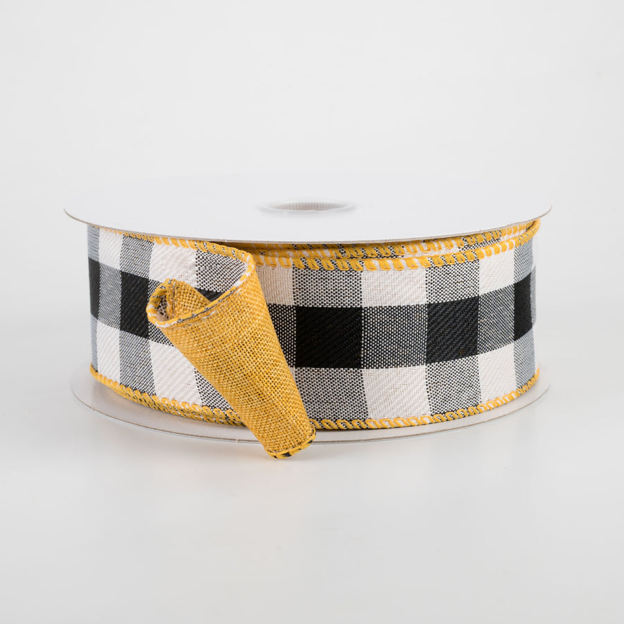 1.5" Two Sided Buffalo Plaid & Linen Ribbon: Black, White, Sunflower Yellow (10 Yards)