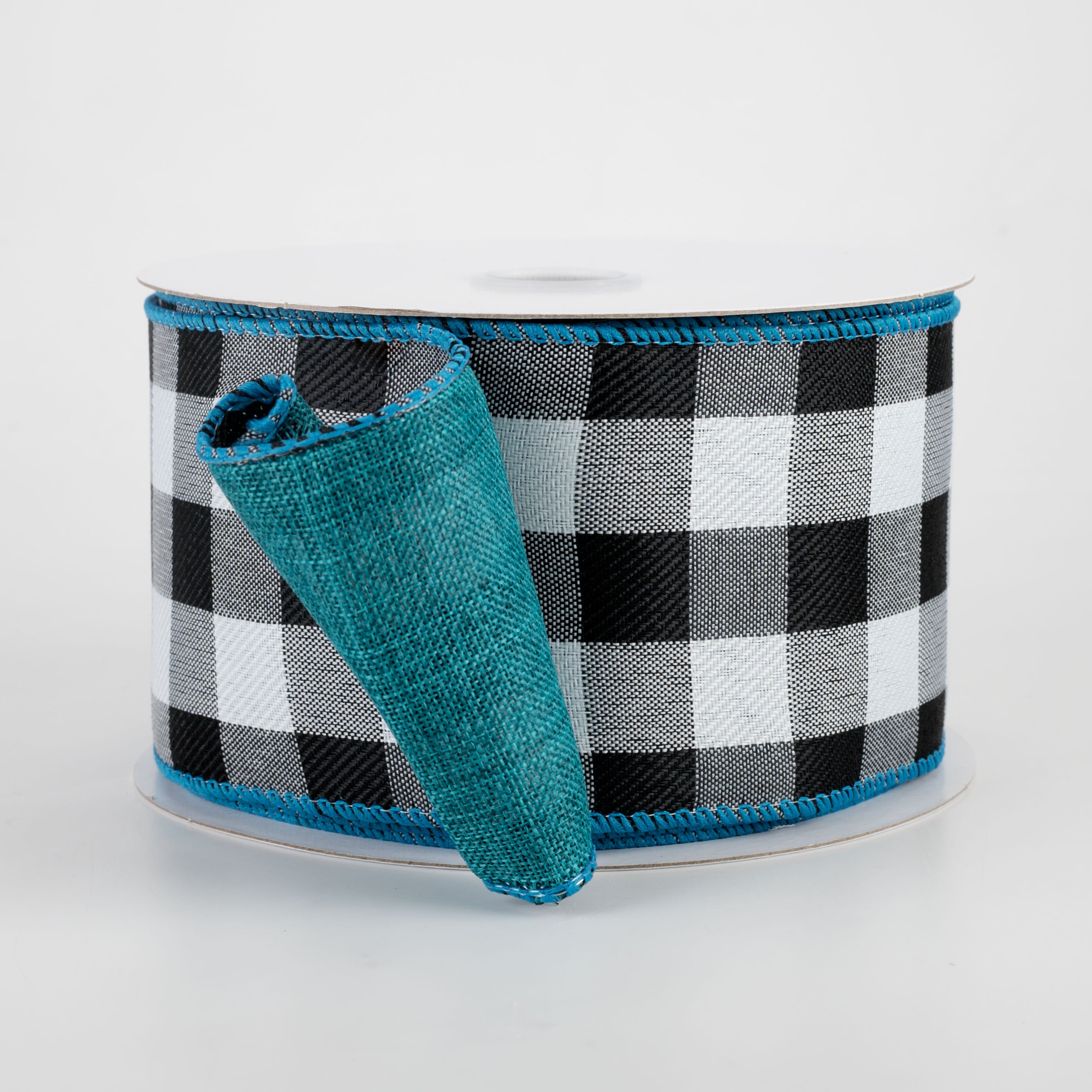 2.5" Two Sided Buffalo Plaid & Linen Ribbon: Black, White, Teal (10 Yards)