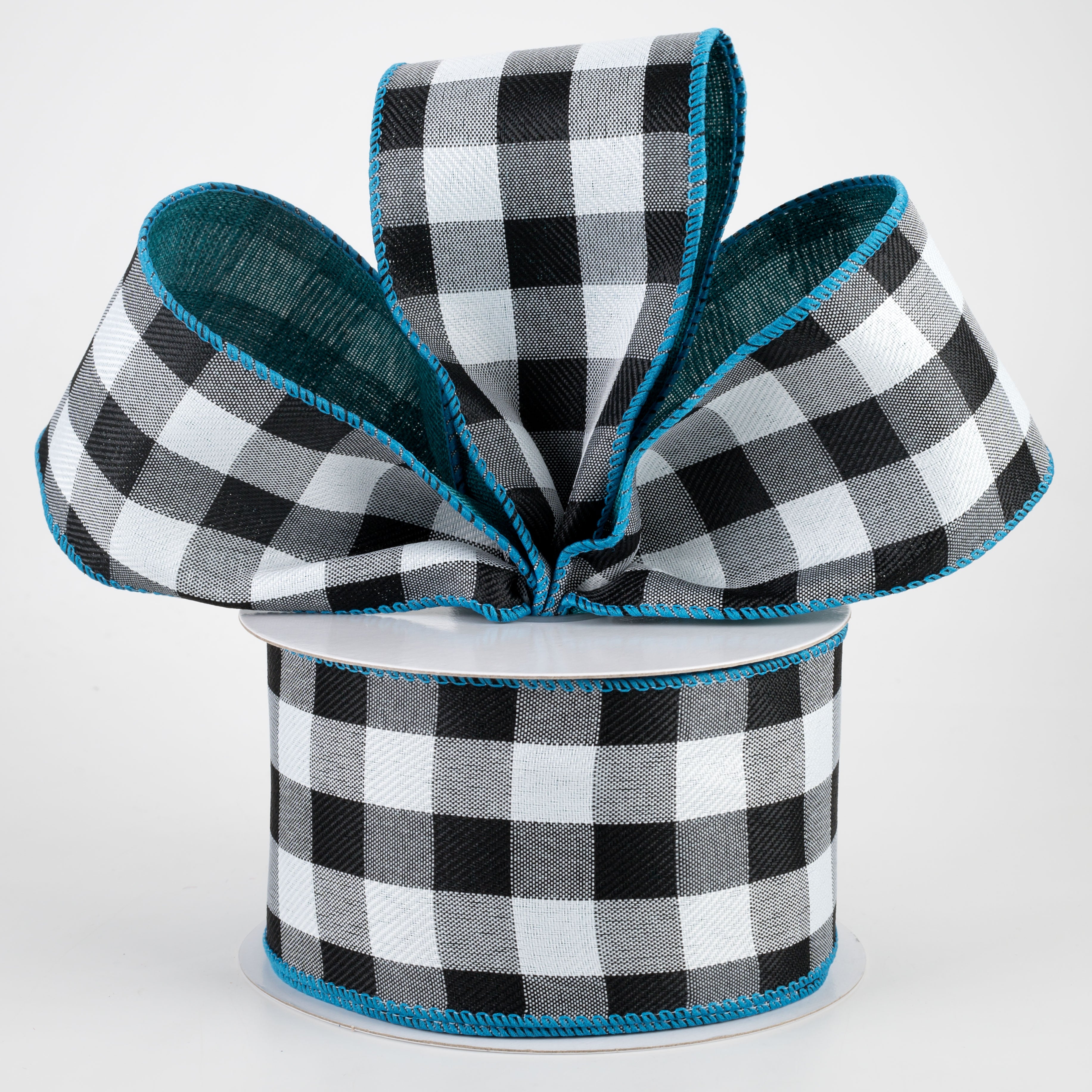2.5" Two Sided Buffalo Plaid & Linen Ribbon: Black, White, Teal (10 Yards) Lifestyle Photo