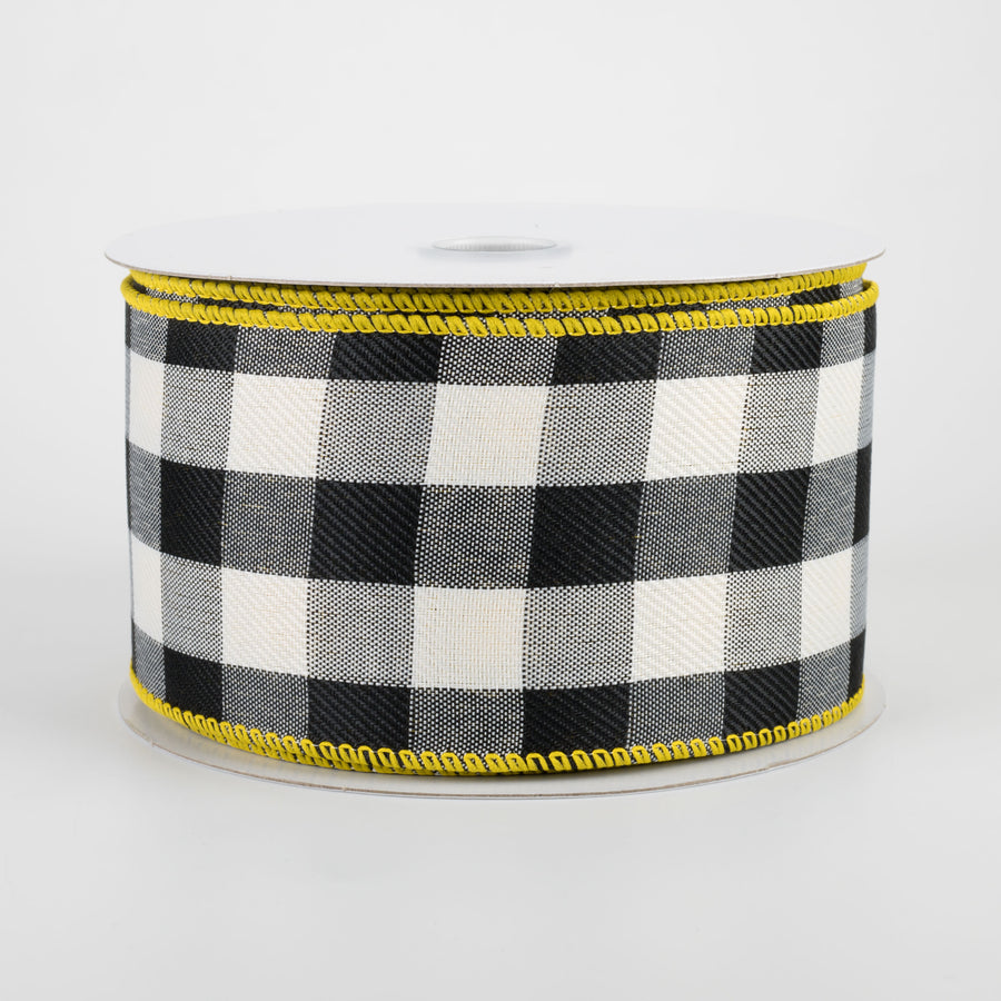 2.5" Two Sided Buffalo Plaid & Linen Ribbon: Black, White, Yellow (10 Yards) detail photo 3