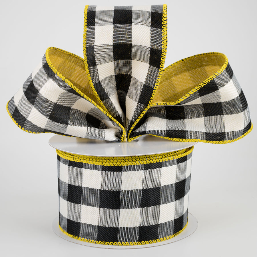 2.5" Two Sided Buffalo Plaid & Linen Ribbon: Black, White, Yellow (10 Yards) Lifestyle Photo