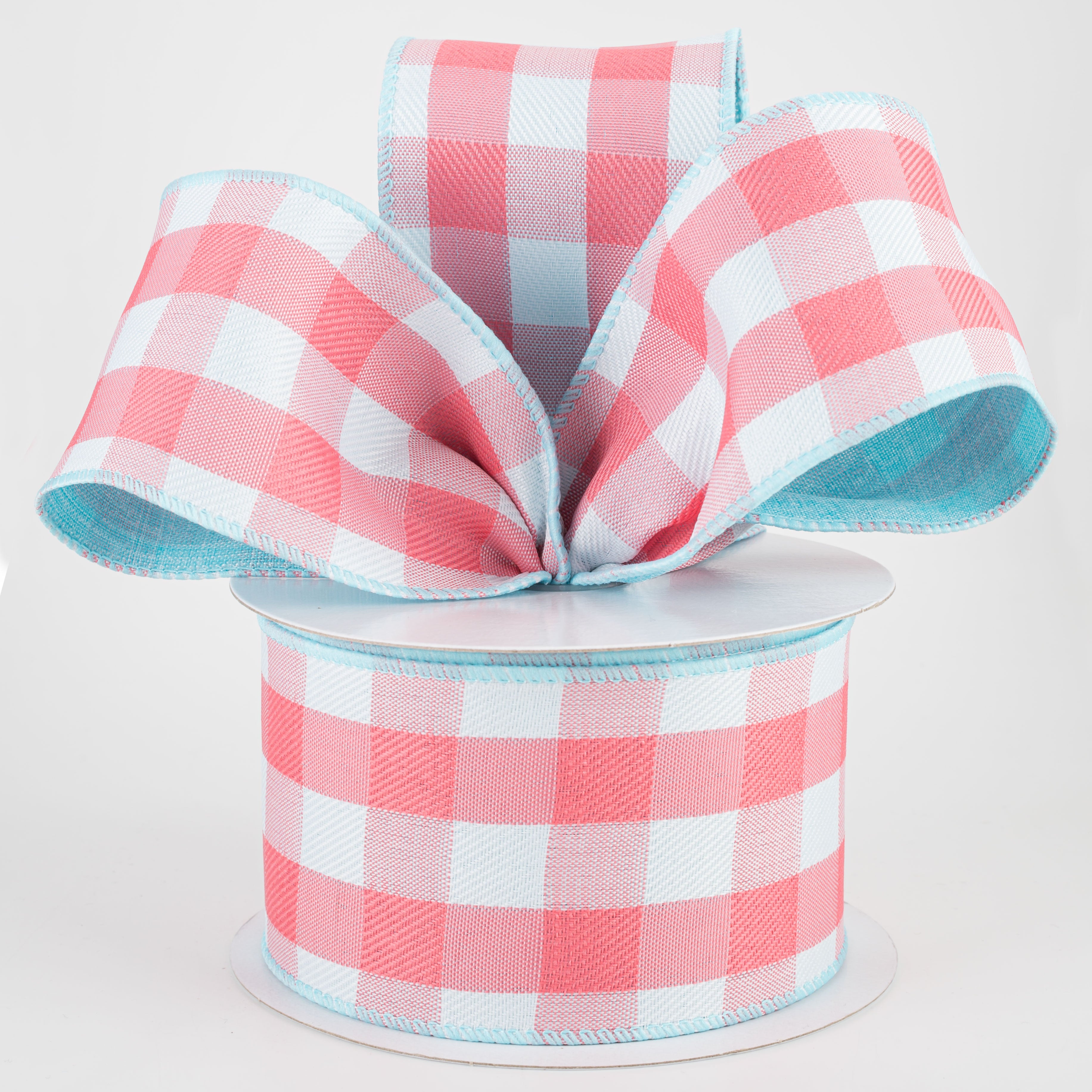 2.5" Two Sided Buffalo Plaid & Linen Ribbon: Coral, White, Aqua (10 Yards) Lifestyle Photo