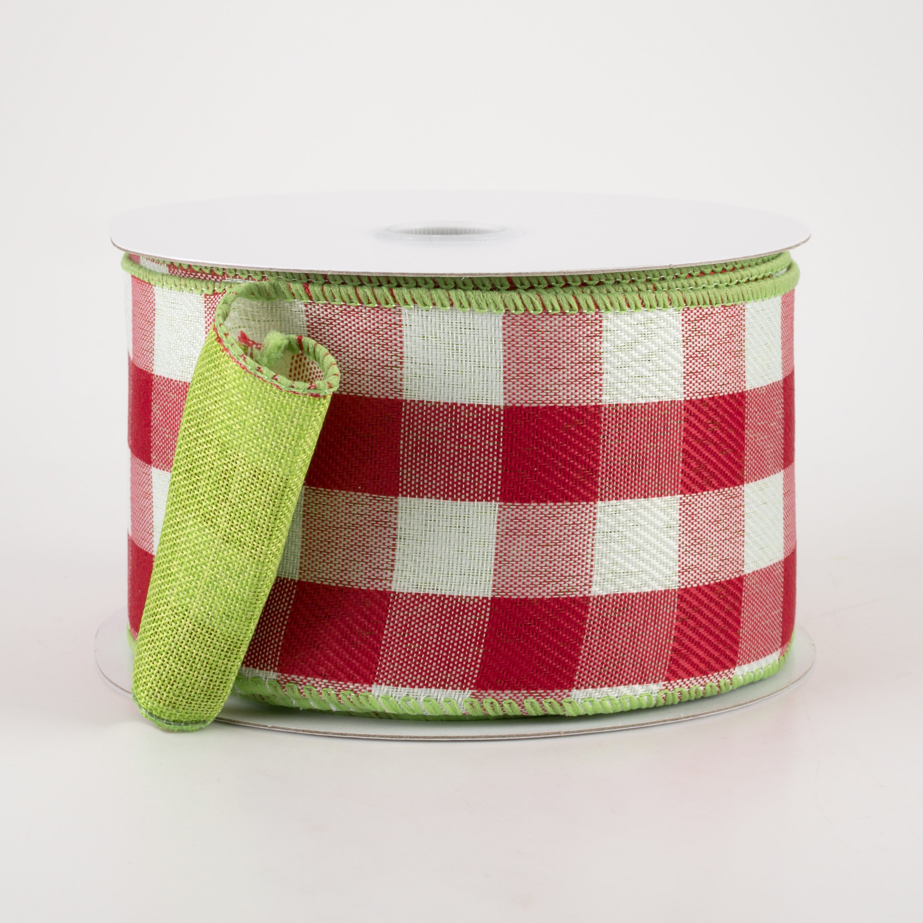 2.5" Two Sided Buffalo Plaid & Linen Ribbon: Red, White & Lime (10 Yards)