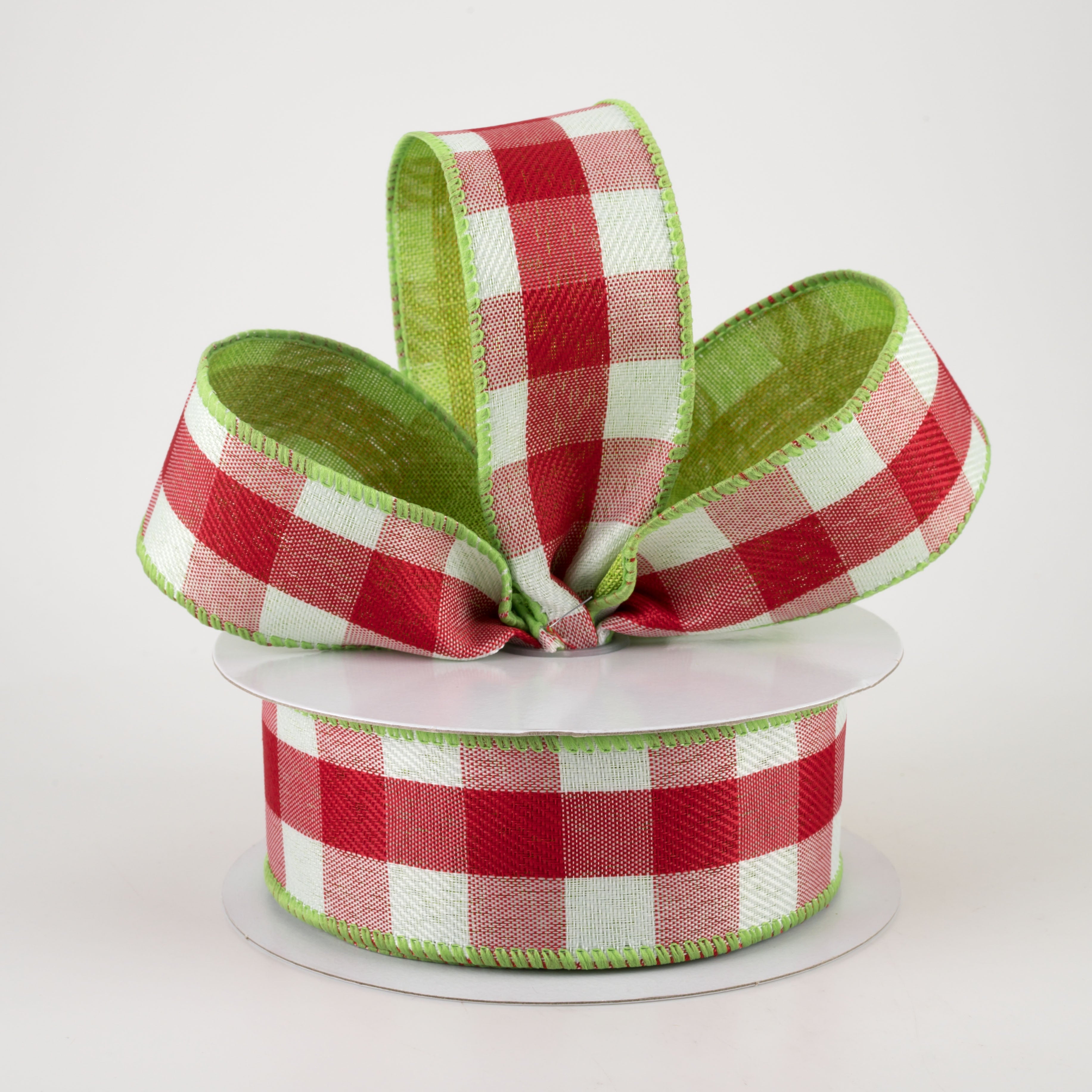 1.5" Two Sided Buffalo Plaid & Linen Ribbon: Red, White & Lime (10 Yards) Lifestyle Photo