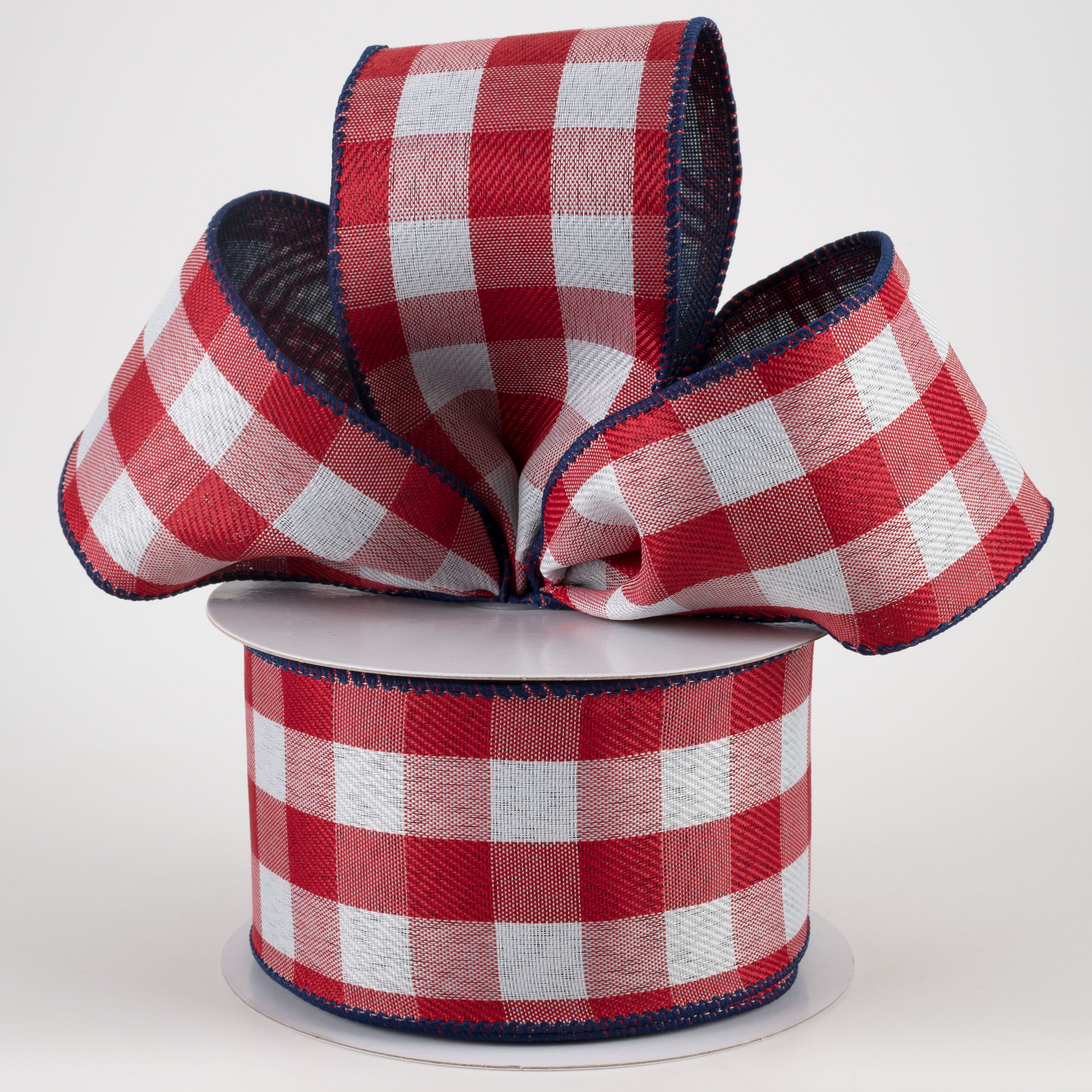 2.5" Two Sided Buffalo Plaid & Linen Ribbon: Red, White & Navy (10 Yards) Lifestyle Photo