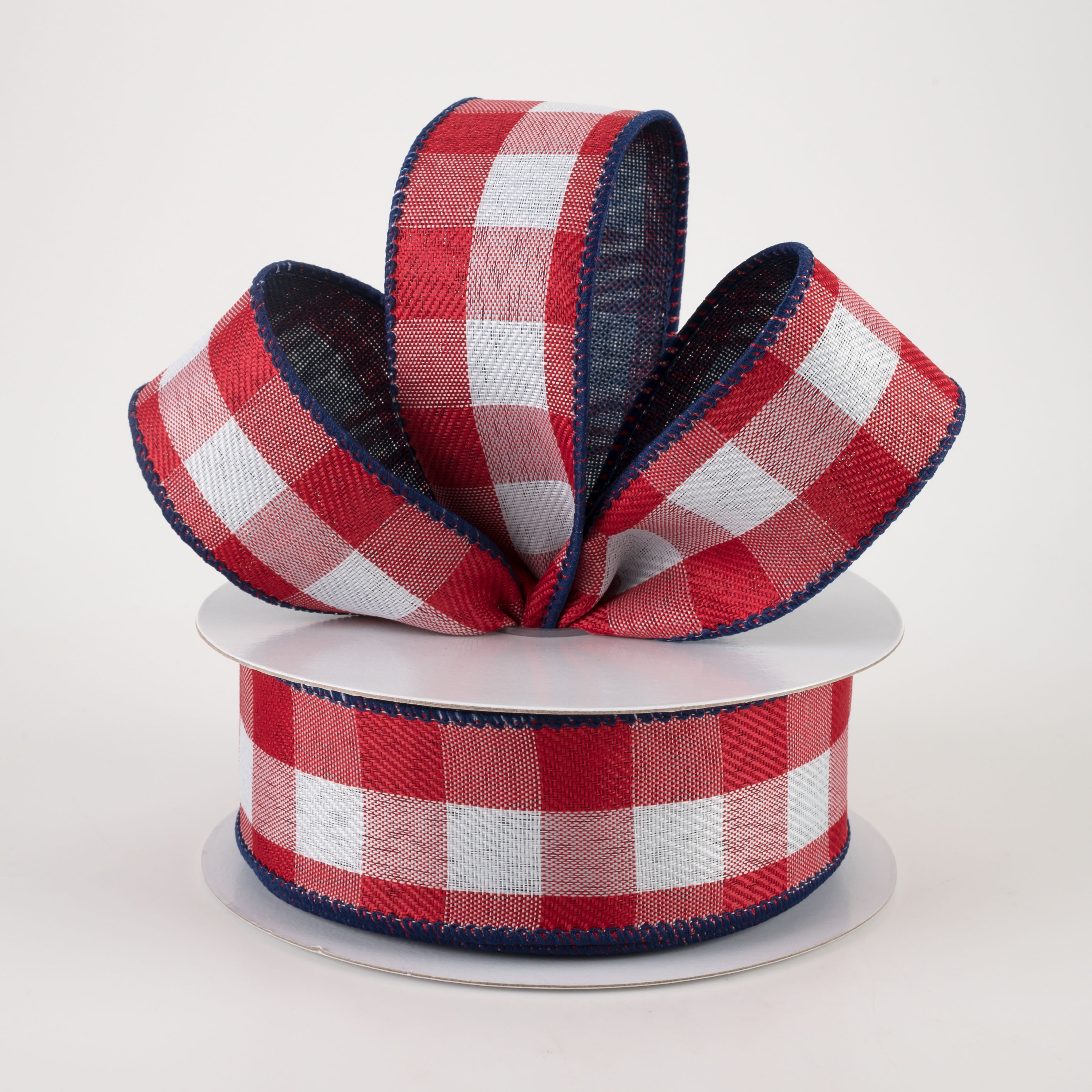 1.5" Two Sided Buffalo Plaid & Linen Ribbon: Red, White & Navy (10 Yards) Lifestyle Photo