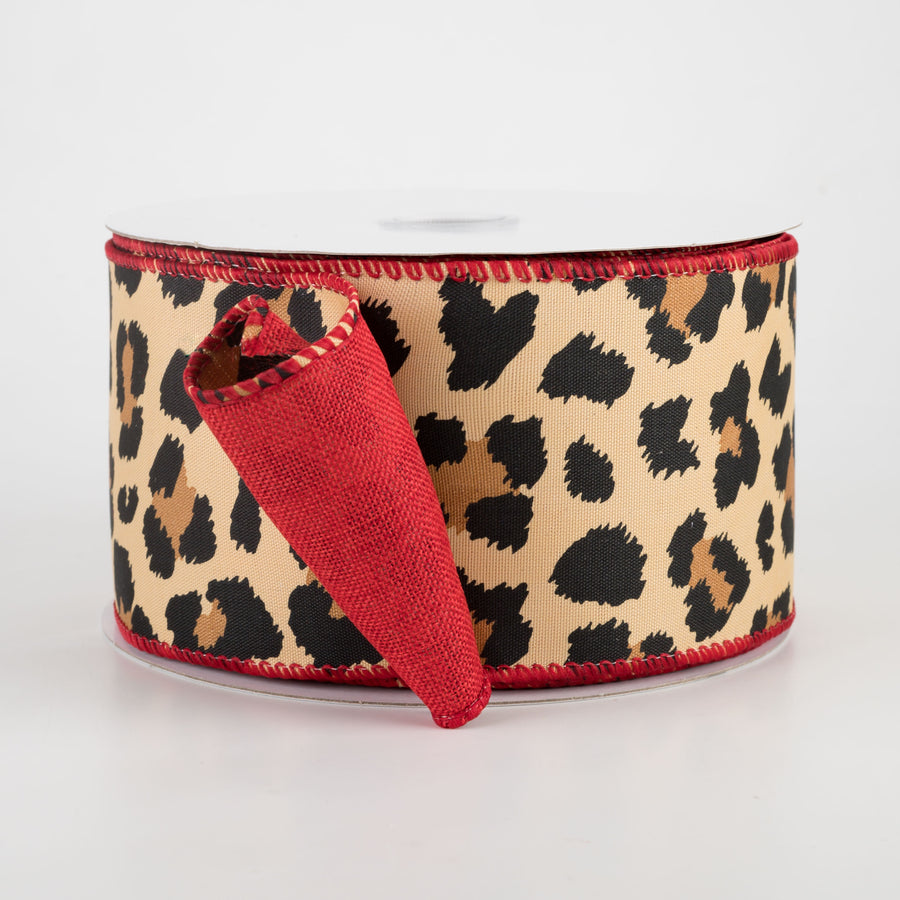 2.5" Two Sided Cheetah Print & Linen Ribbon: Red (10 Yards)