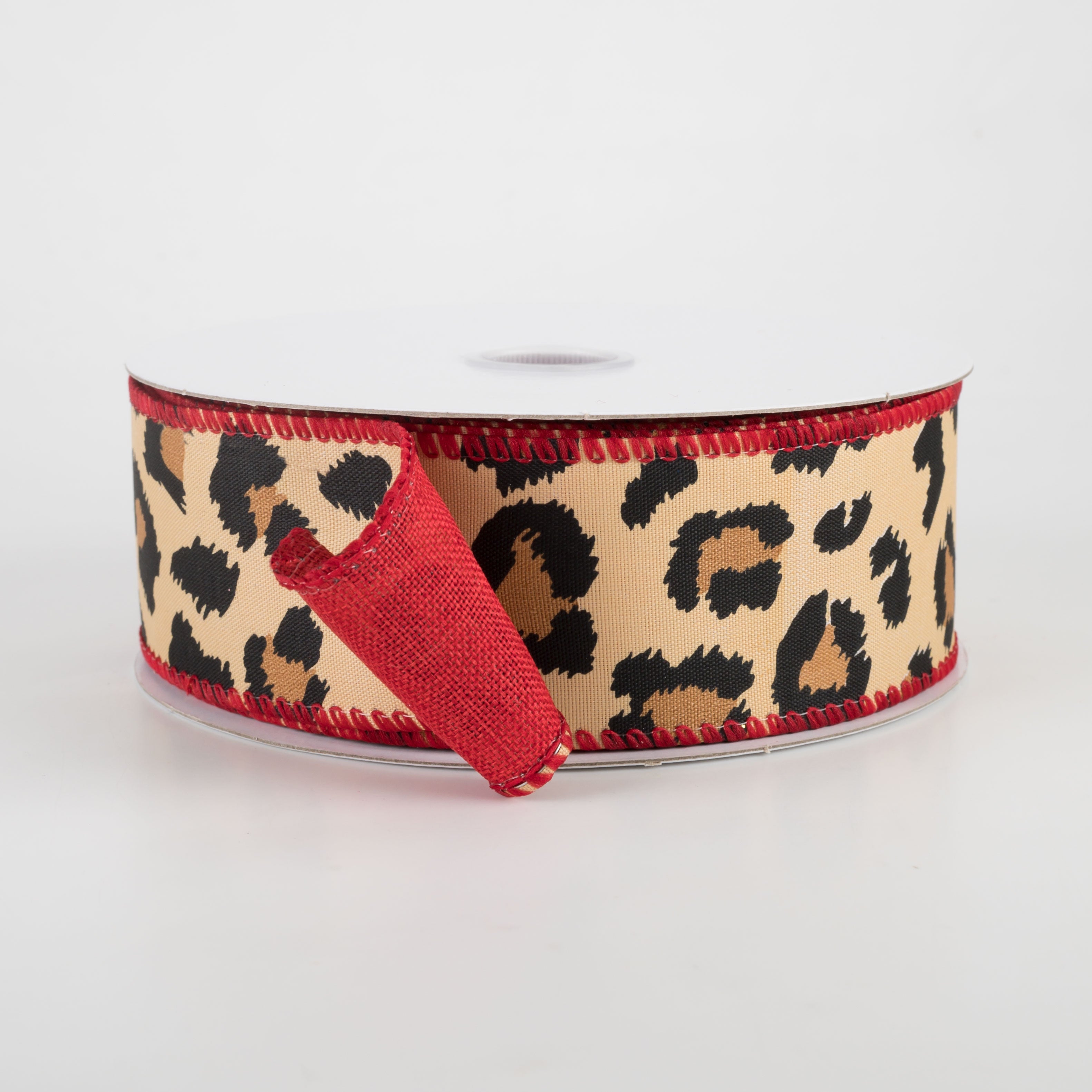 1.5" Two Sided Cheetah Print & Linen Ribbon: Red (10 Yards)