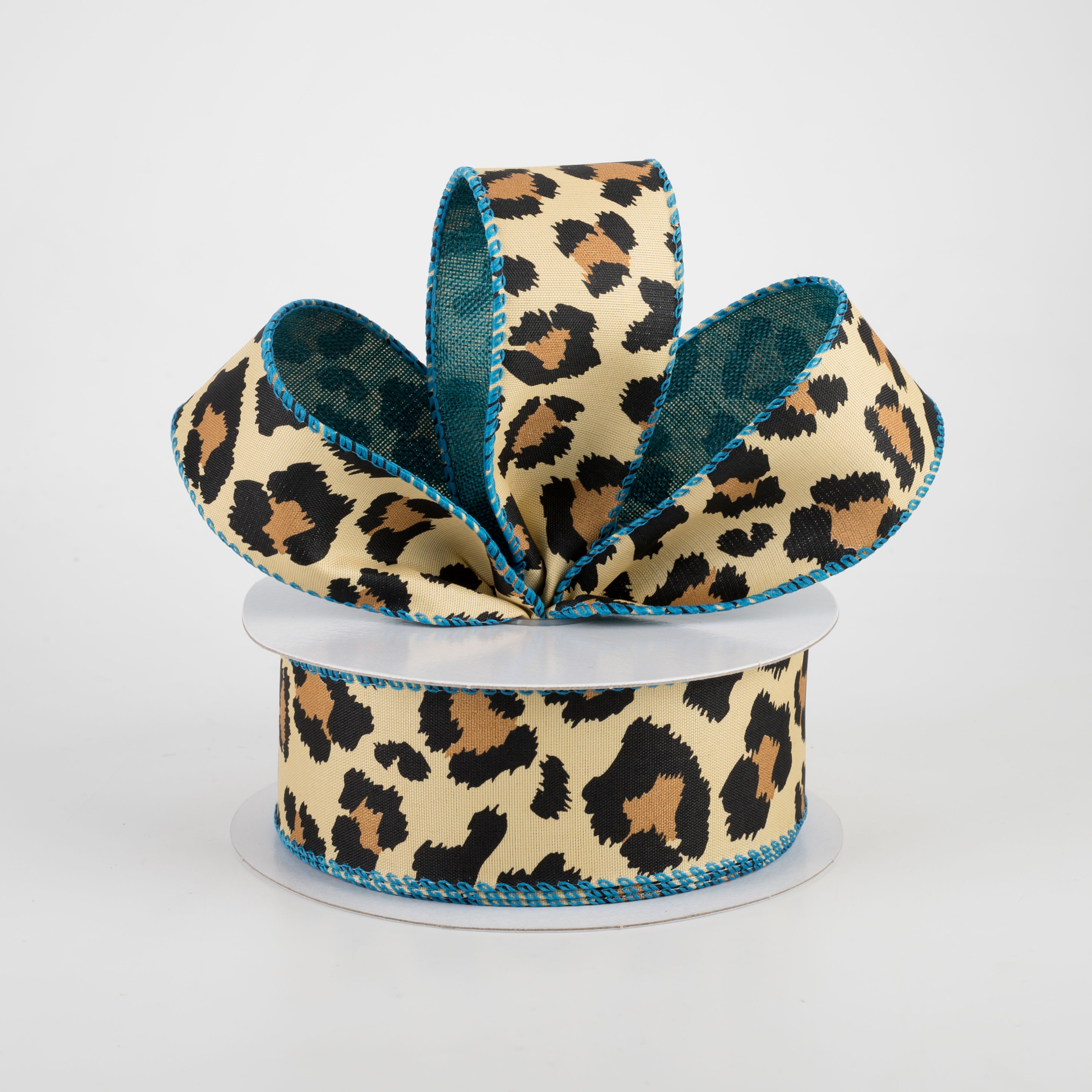 1.5" Two Sided Cheetah Print & Linen Ribbon: Teal (10 Yards) Lifestyle Photo