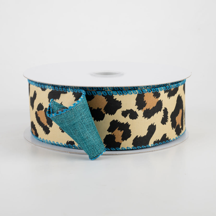 1.5" Two Sided Cheetah Print & Linen Ribbon: Teal (10 Yards)