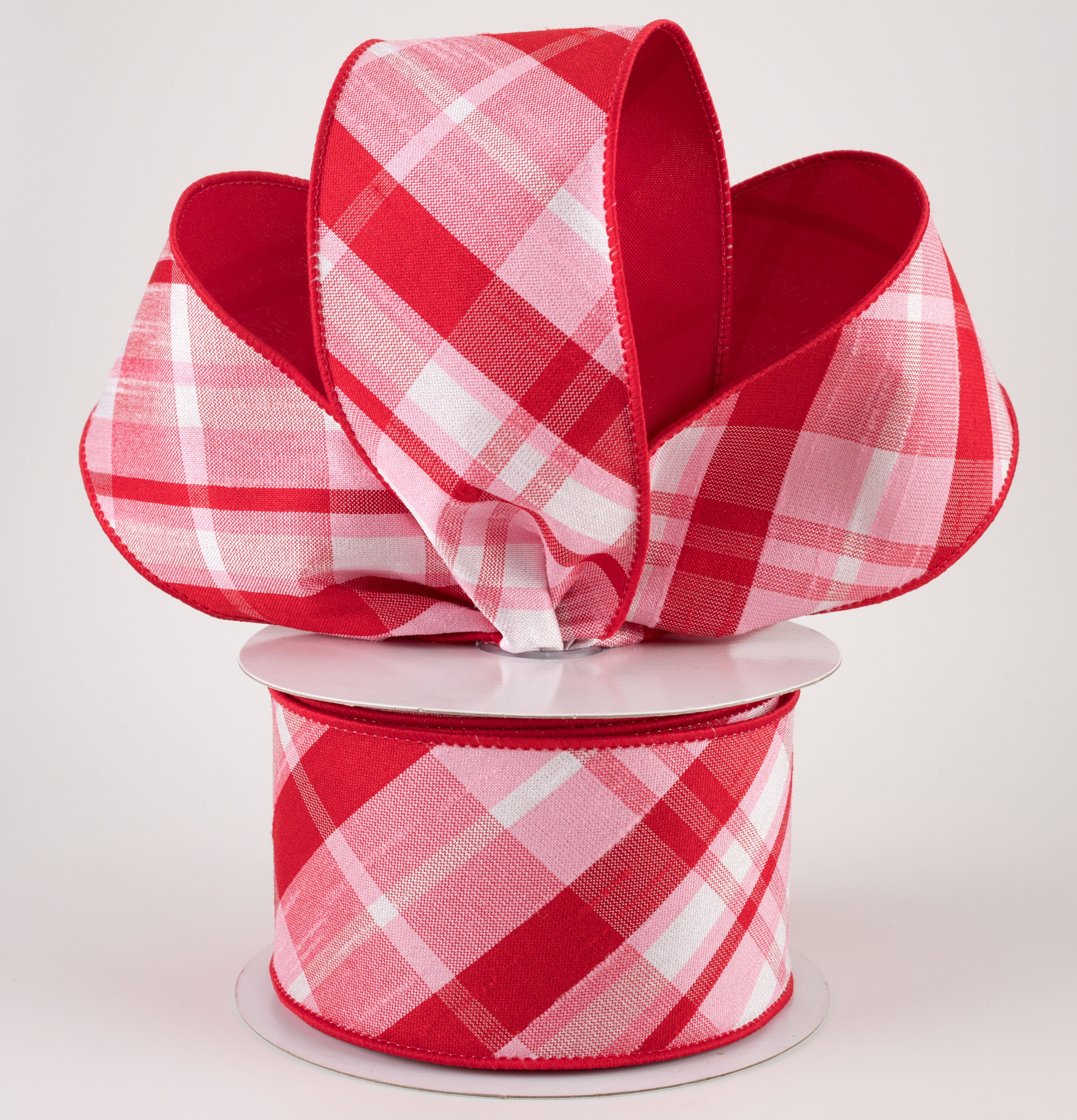 2.5" Two Sided Diagonal Plaid & Solid Ribbon: Light Pink, Red, White (10 Yards) Lifestyle Photo