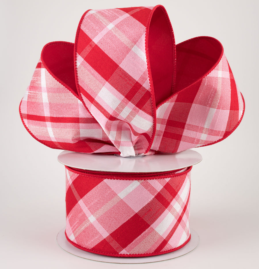 2.5" Two Sided Diagonal Plaid & Solid Ribbon: Light Pink, Red, White (10 Yards) Lifestyle Photo