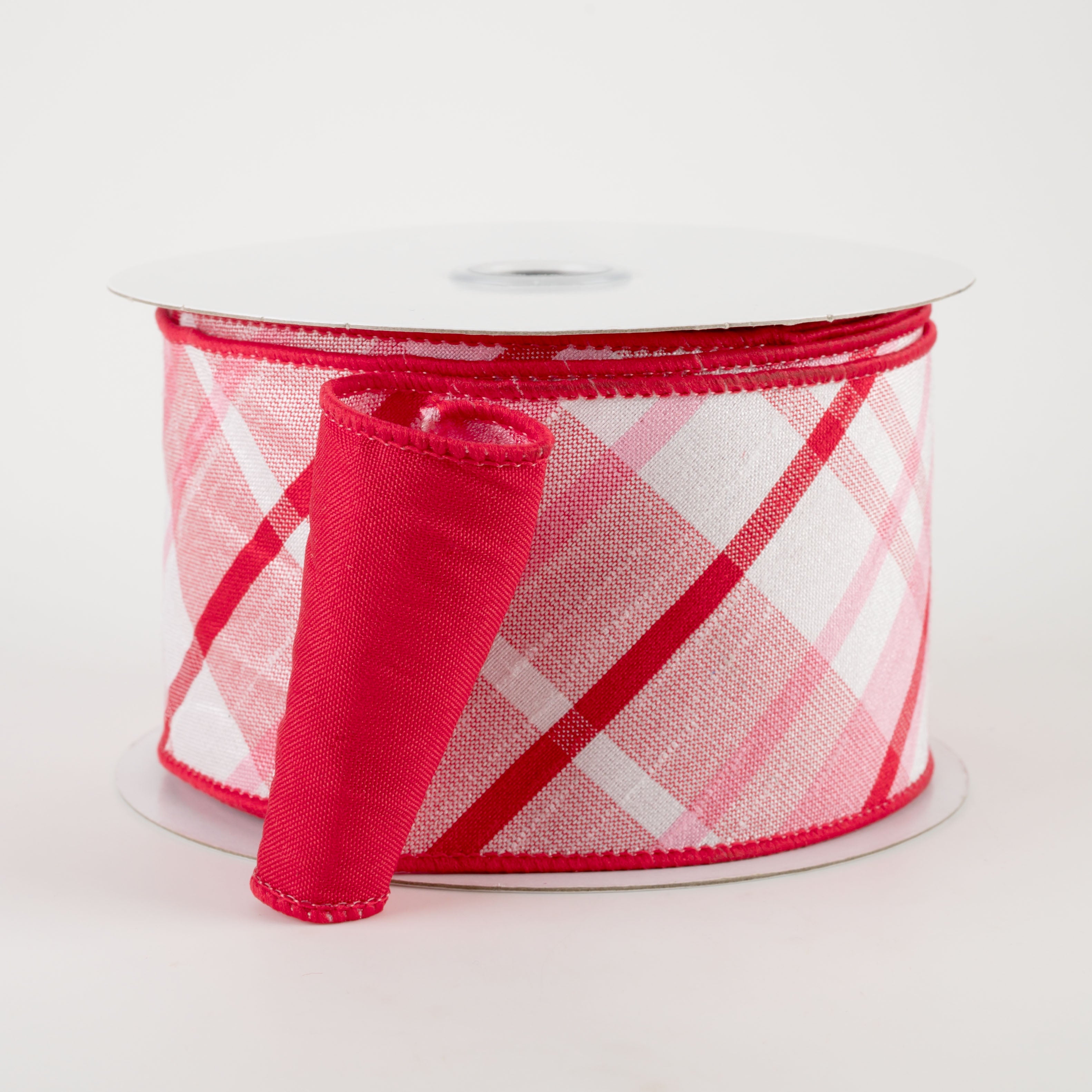 2.5" Two Sided Diagonal Plaid & Solid Ribbon: Light Pink, Red, White (10 Yards)