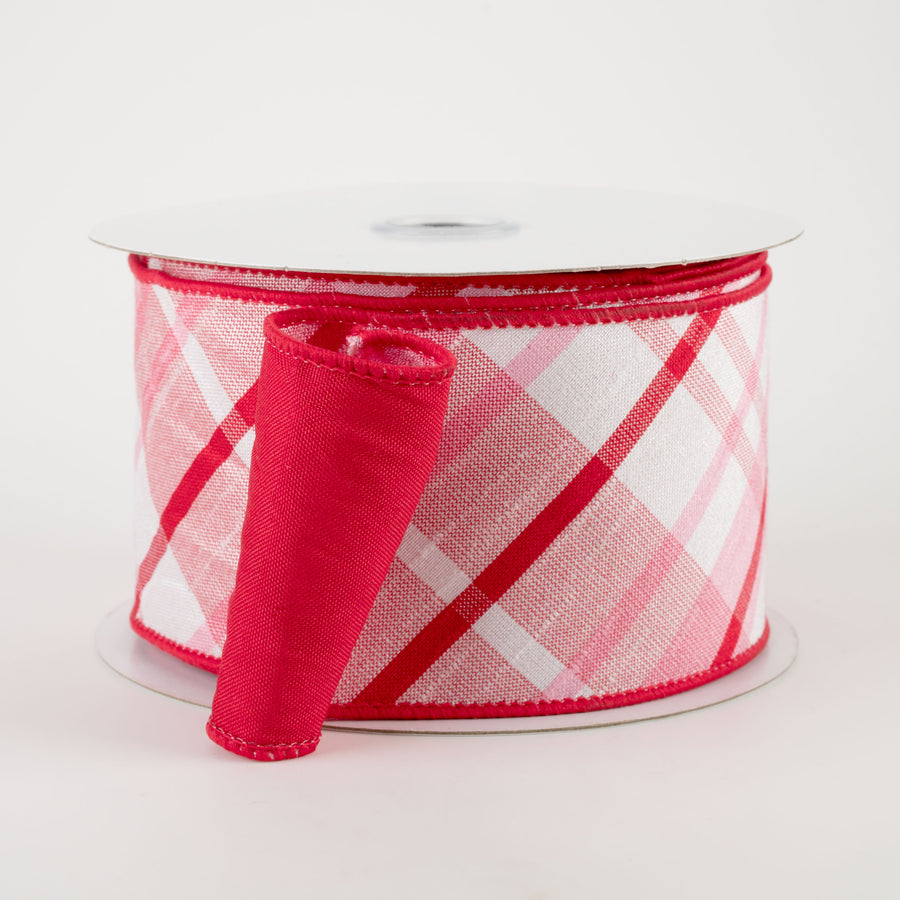2.5" Two Sided Diagonal Plaid & Solid Ribbon: Light Pink, Red, White (10 Yards)