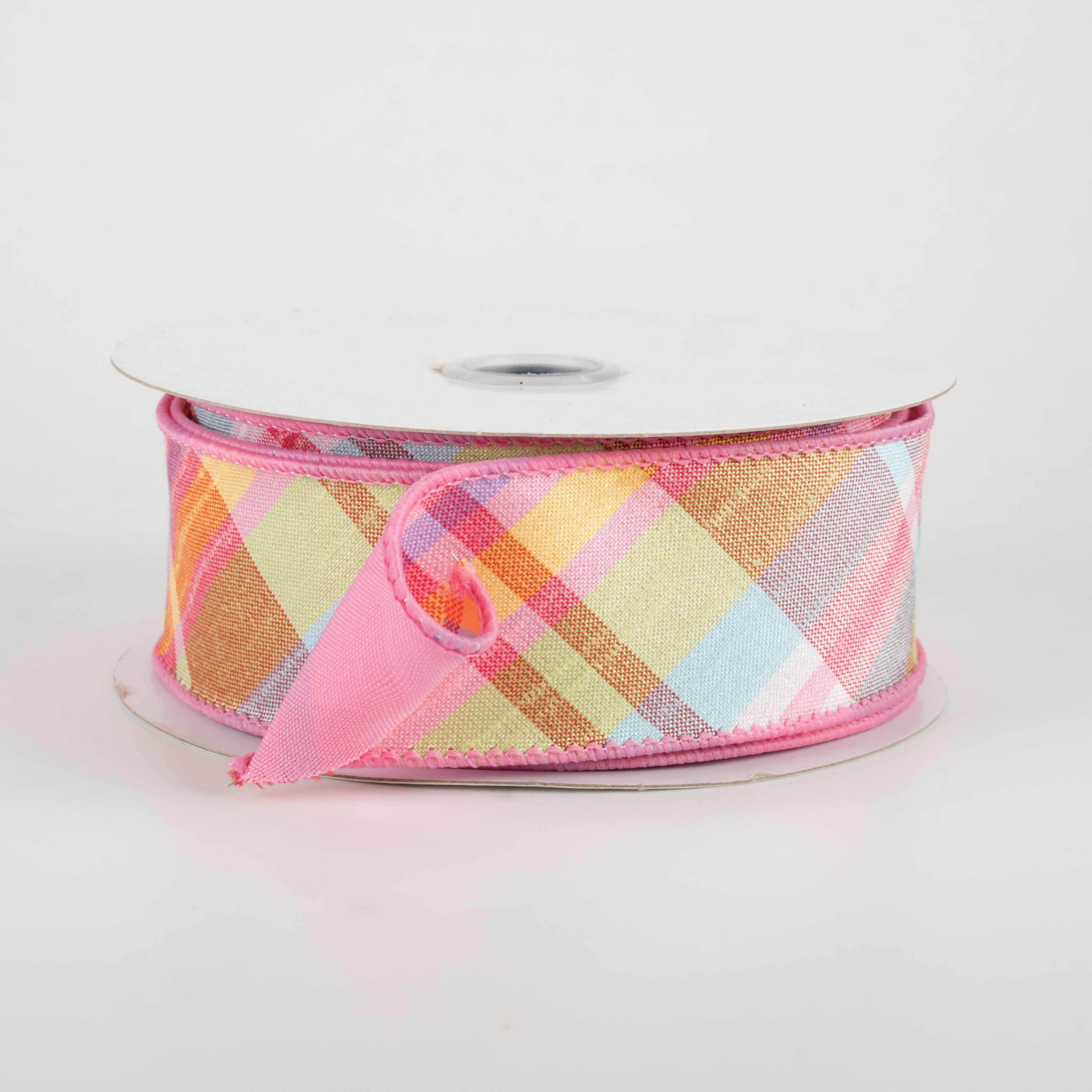 1.5" Two Sided Diagonal Plaid & Solid Ribbon: Light Pink, Robin's Egg Blue, Green, Yellow (10 Yards)
