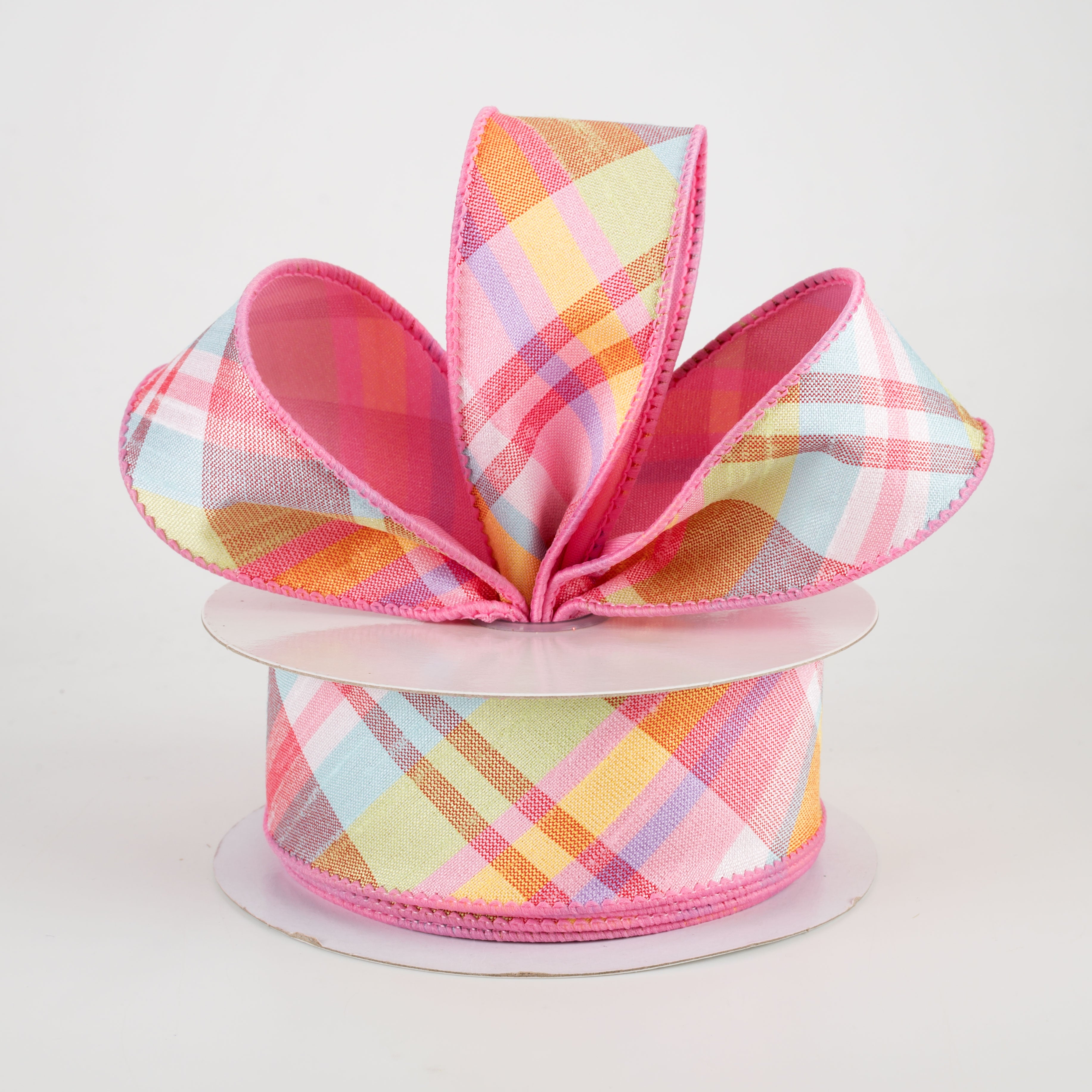 1.5" Two Sided Diagonal Plaid & Solid Ribbon: Light Pink, Robin's Egg Blue, Green, Yellow (10 Yards) Lifestyle Photo