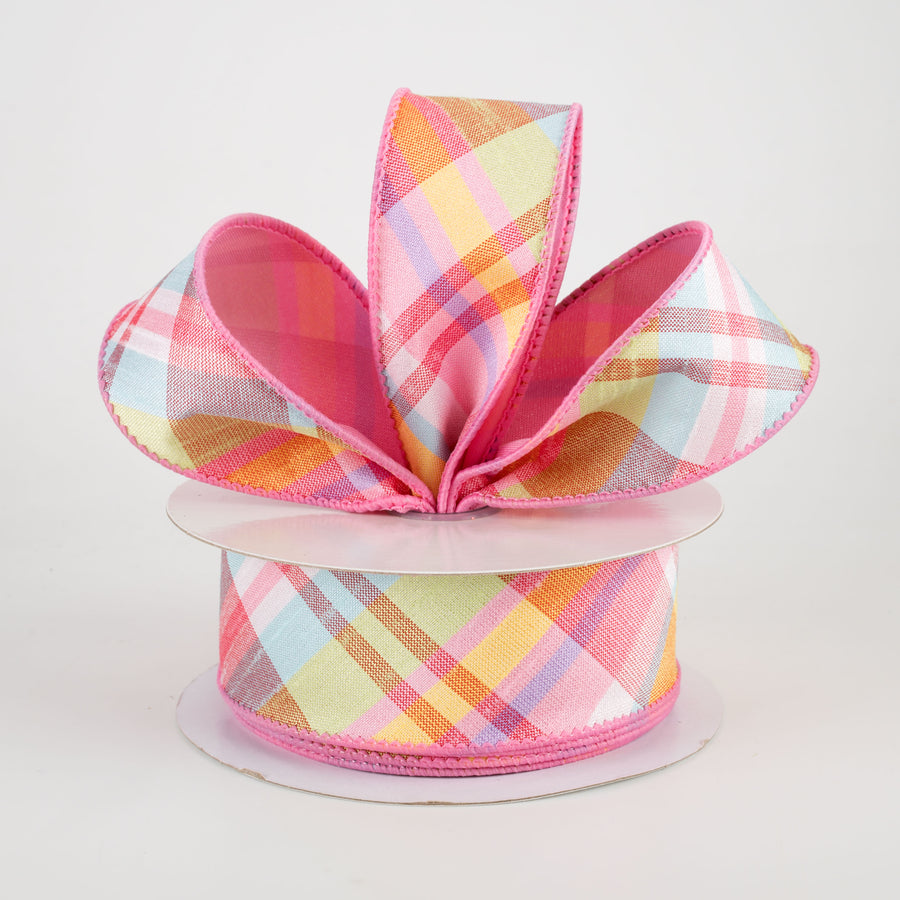 1.5" Two Sided Diagonal Plaid & Solid Ribbon: Light Pink, Robin's Egg Blue, Green, Yellow (10 Yards) Lifestyle Photo