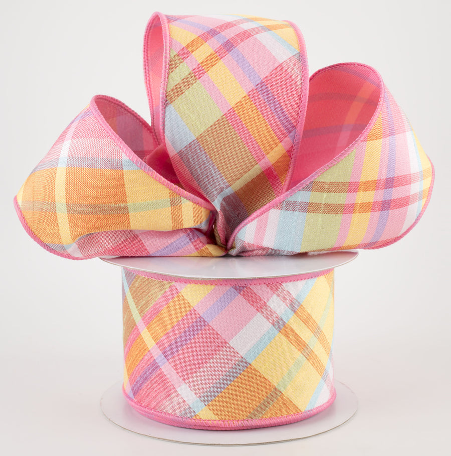 2.5" Two Sided Diagonal Plaid & Solid Ribbon: Light Pink, Robin's Egg Blue, Green, Yellow (10 Yards) Lifestyle Photo