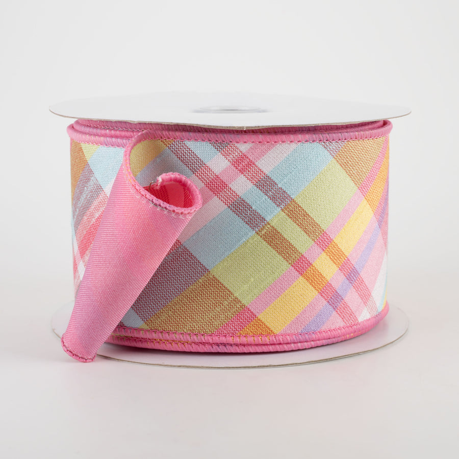 2.5" Two Sided Diagonal Plaid & Solid Ribbon: Light Pink, Robin's Egg Blue, Green, Yellow (10 Yards)