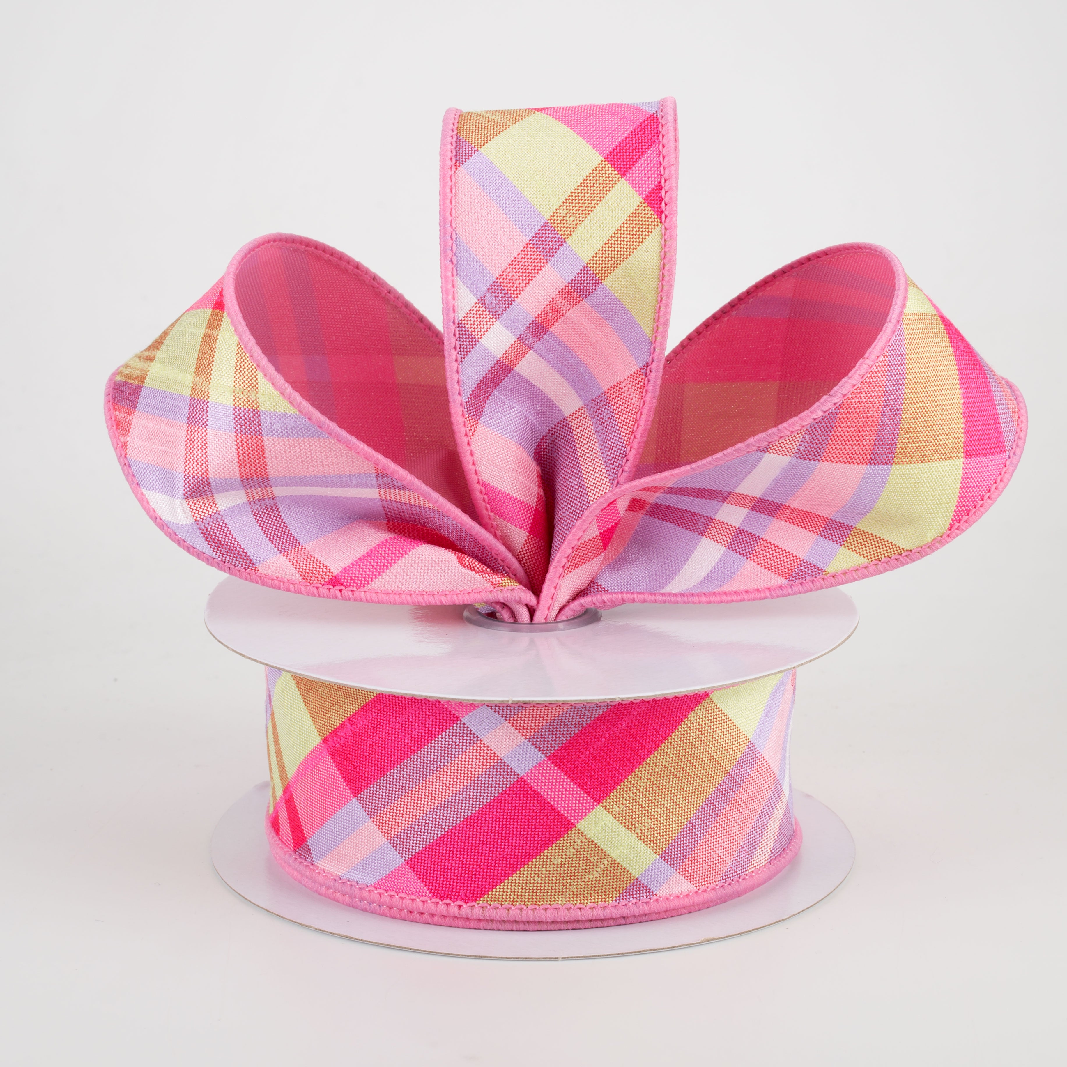 1.5" Two Sided Diagonal Plaid & Solid Ribbon: Pink, Lavender, Spring Green (10 Yards) Lifestyle Photo