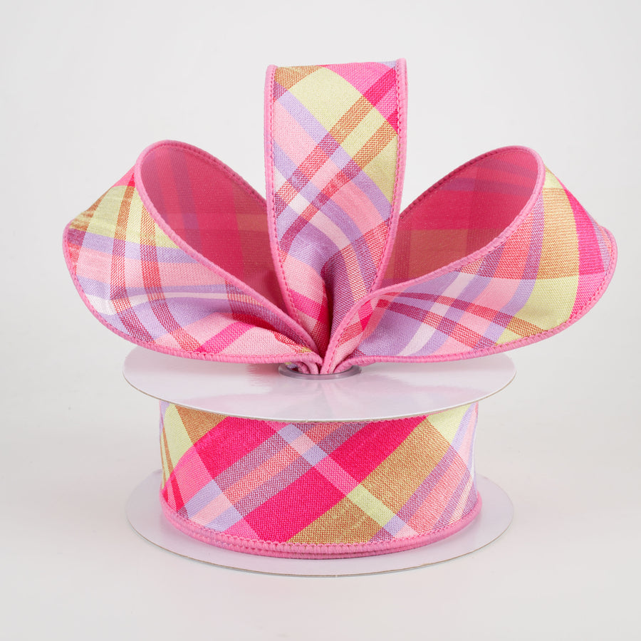 1.5" Two Sided Diagonal Plaid & Solid Ribbon: Pink, Lavender, Spring Green (10 Yards) Lifestyle Photo