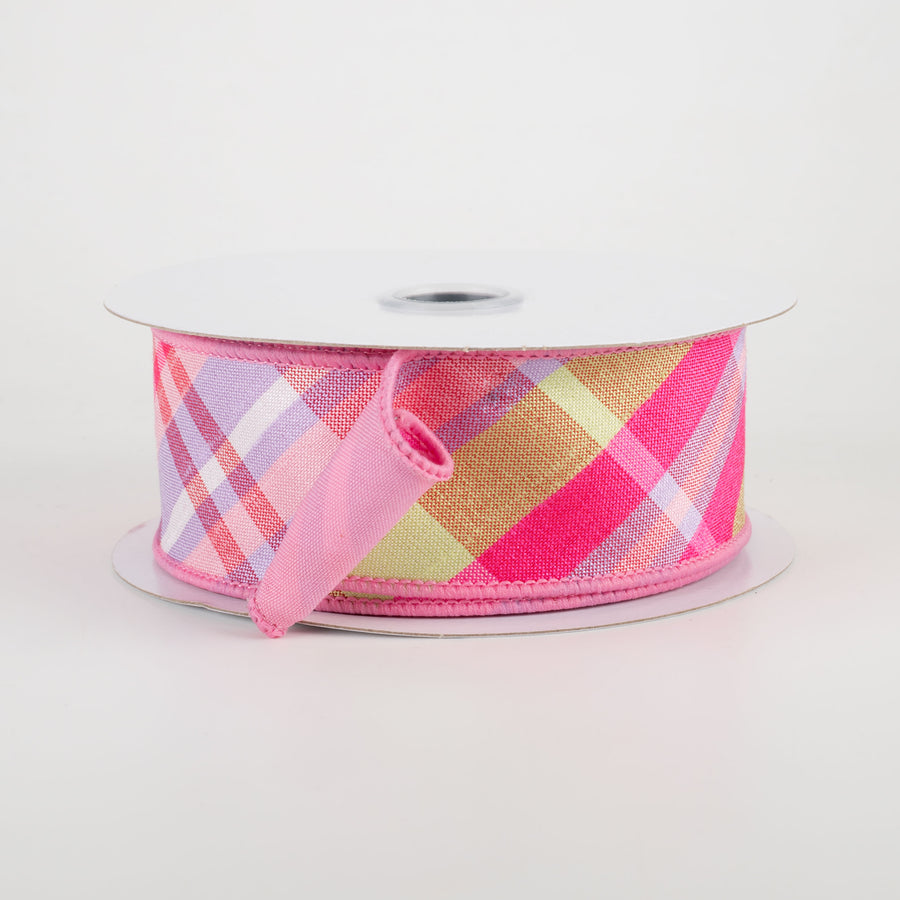 1.5" Two Sided Diagonal Plaid & Solid Ribbon: Pink, Lavender, Spring Green (10 Yards)