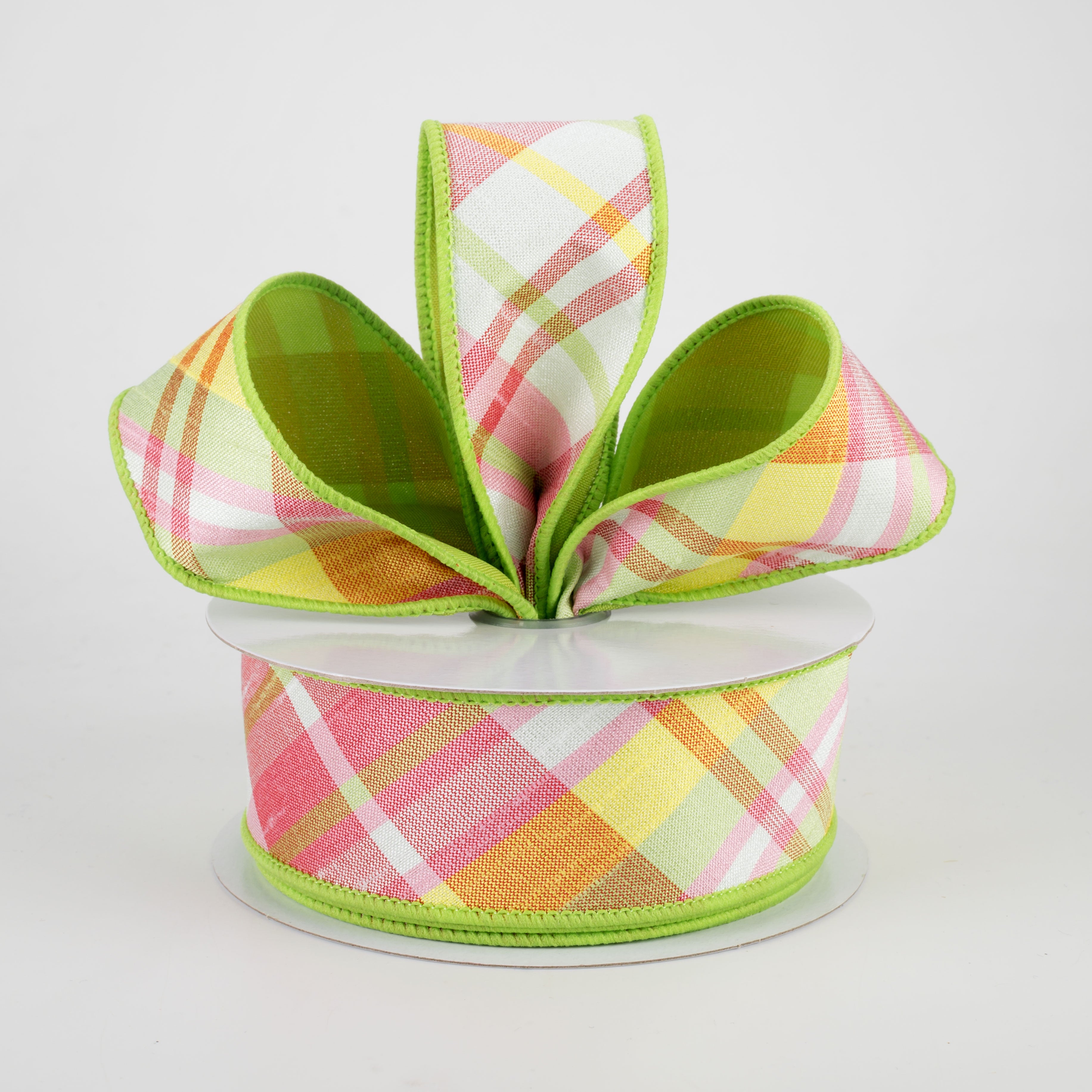 1.5" Two Sided Diagonal Plaid & Solid Ribbon: Pink, Yellow, Spring Green (10 Yards) Lifestyle Photo