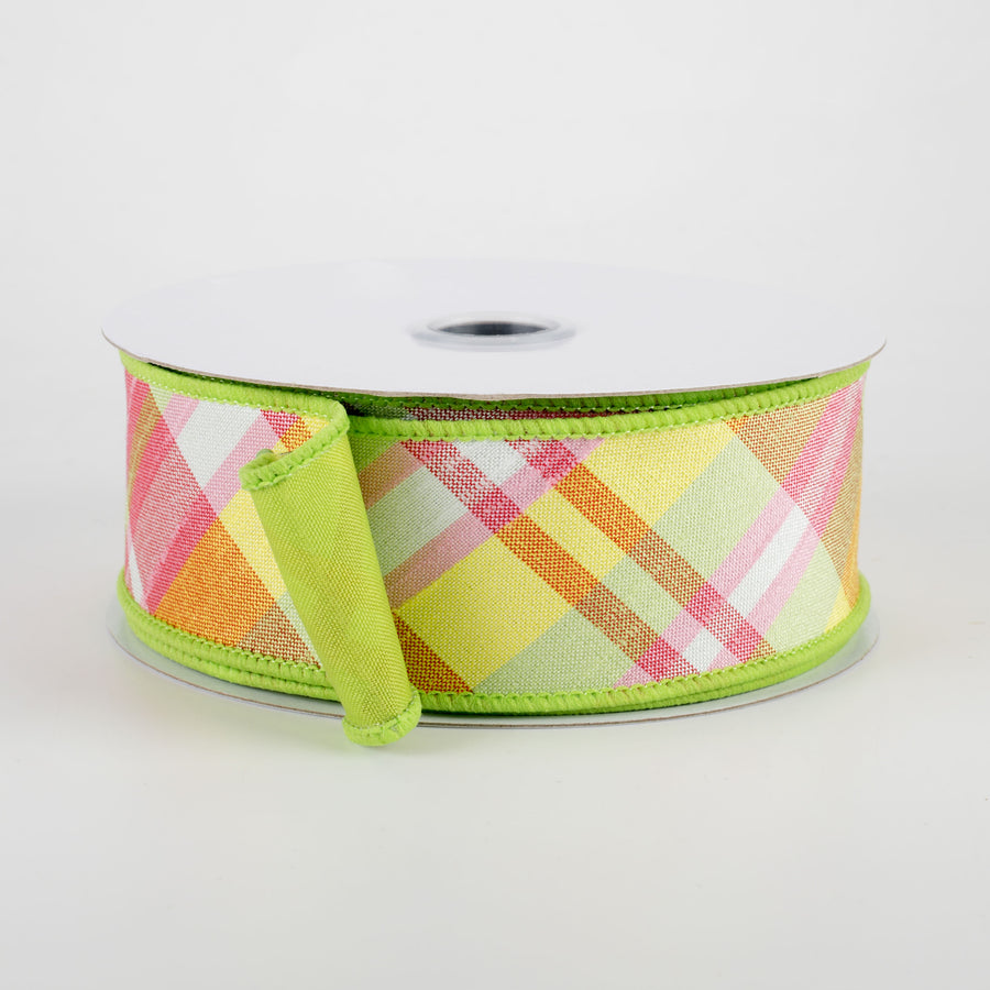 1.5" Two Sided Diagonal Plaid & Solid Ribbon: Pink, Yellow, Spring Green (10 Yards)