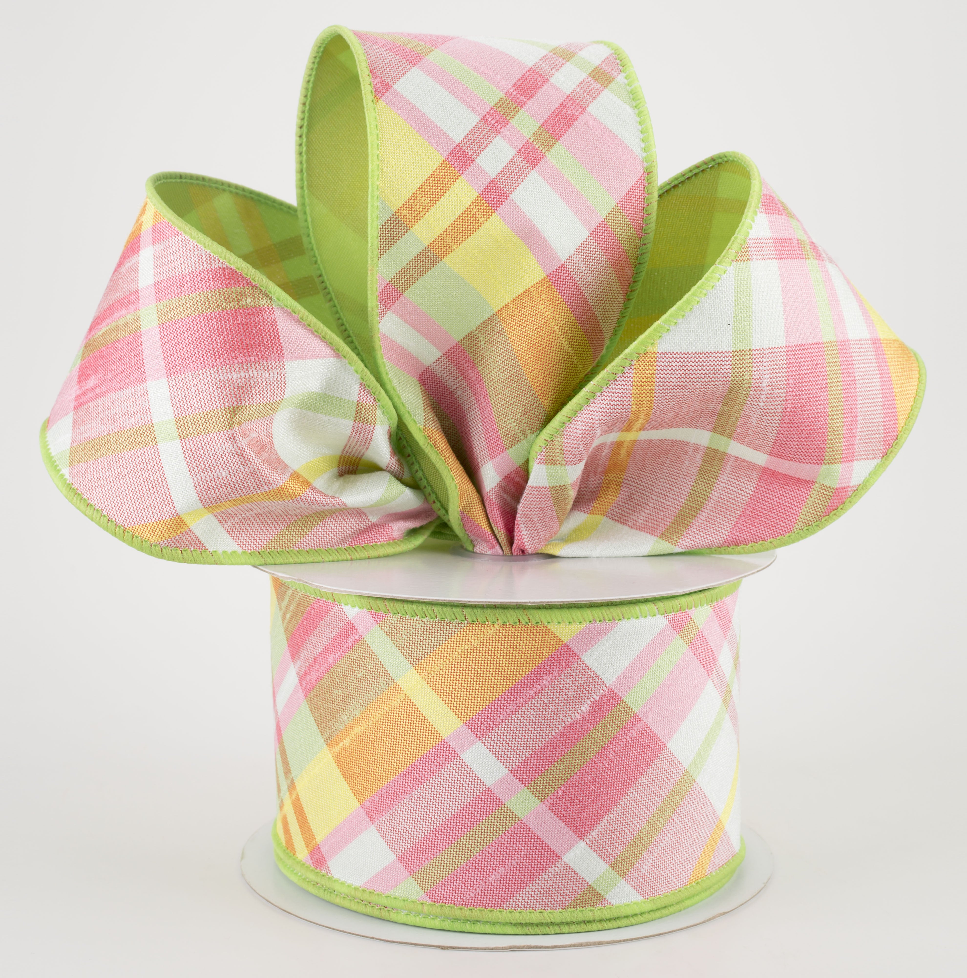 2.5" Two Sided Diagonal Plaid & Solid Ribbon: Spring Green, Light Pink, Yellow (10 Yards) Lifestyle Photo