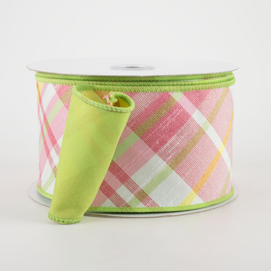 2.5" Two Sided Diagonal Plaid & Solid Ribbon: Spring Green, Light Pink, Yellow (10 Yards)