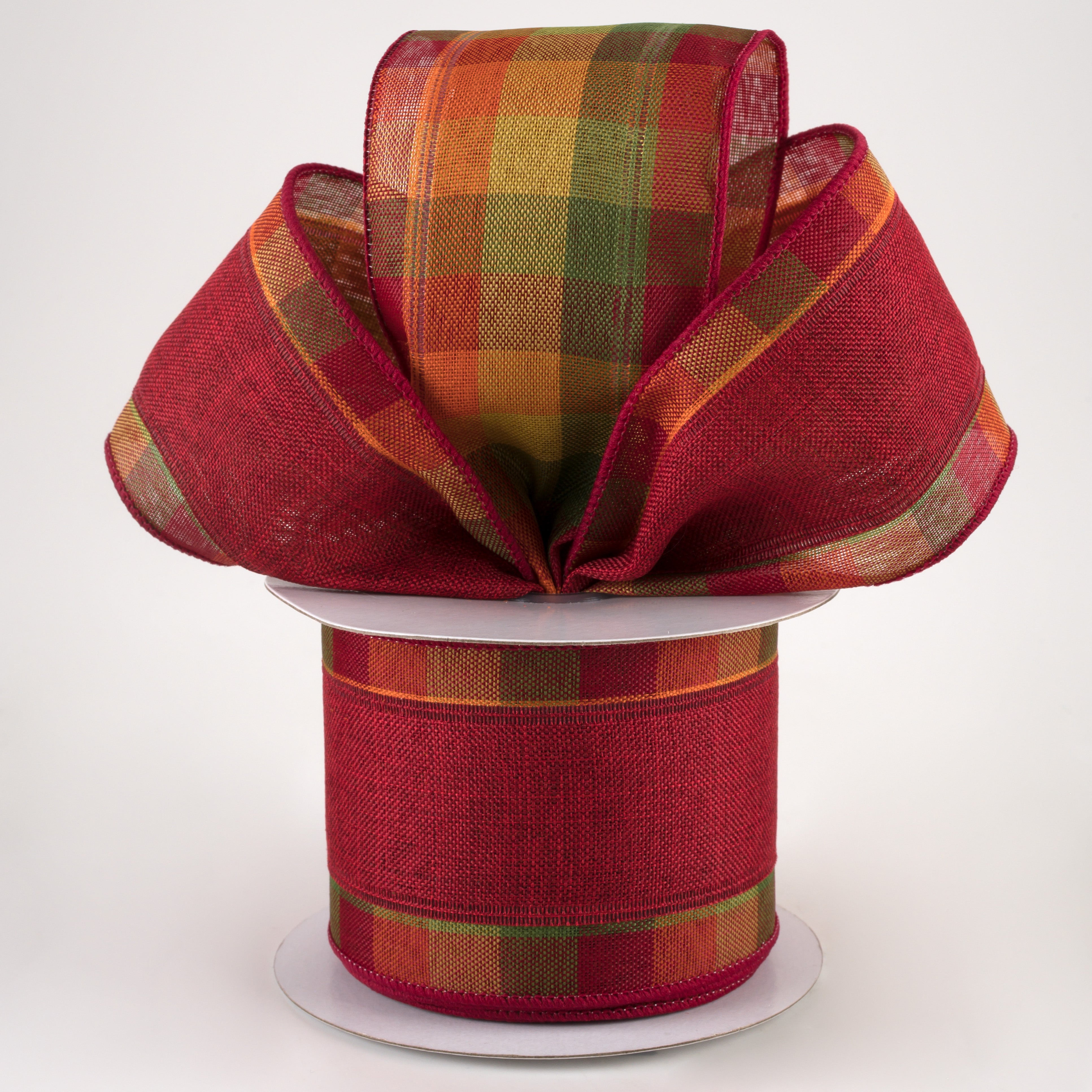 2.5" Two Sided Fall Plaid Edge Ribbon: Burgundy (10 Yards) Lifestyle Photo