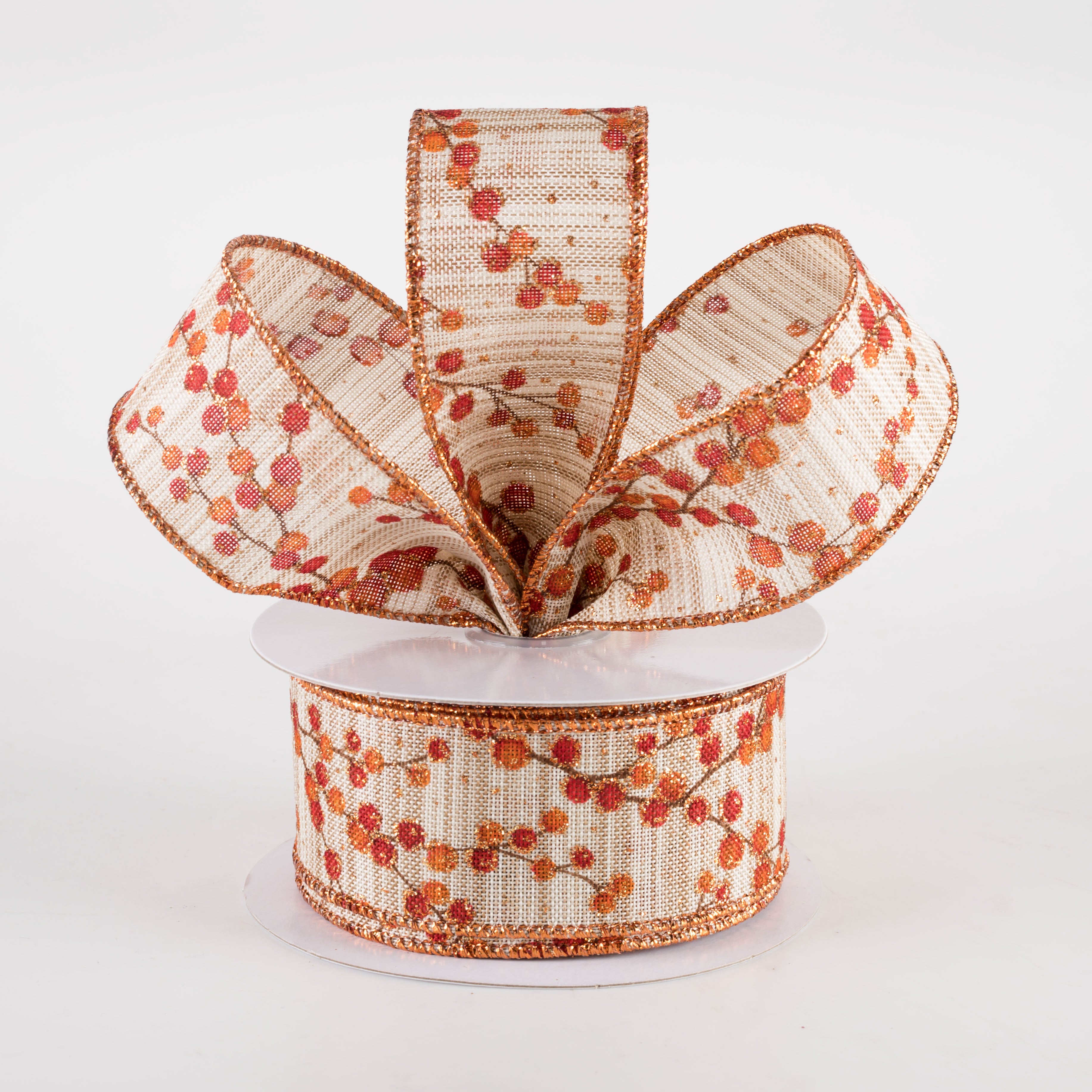 1.5" Two-Tone Textured Linen Fall Berry Branches Ribbon (10 Yards) Lifestyle Photo