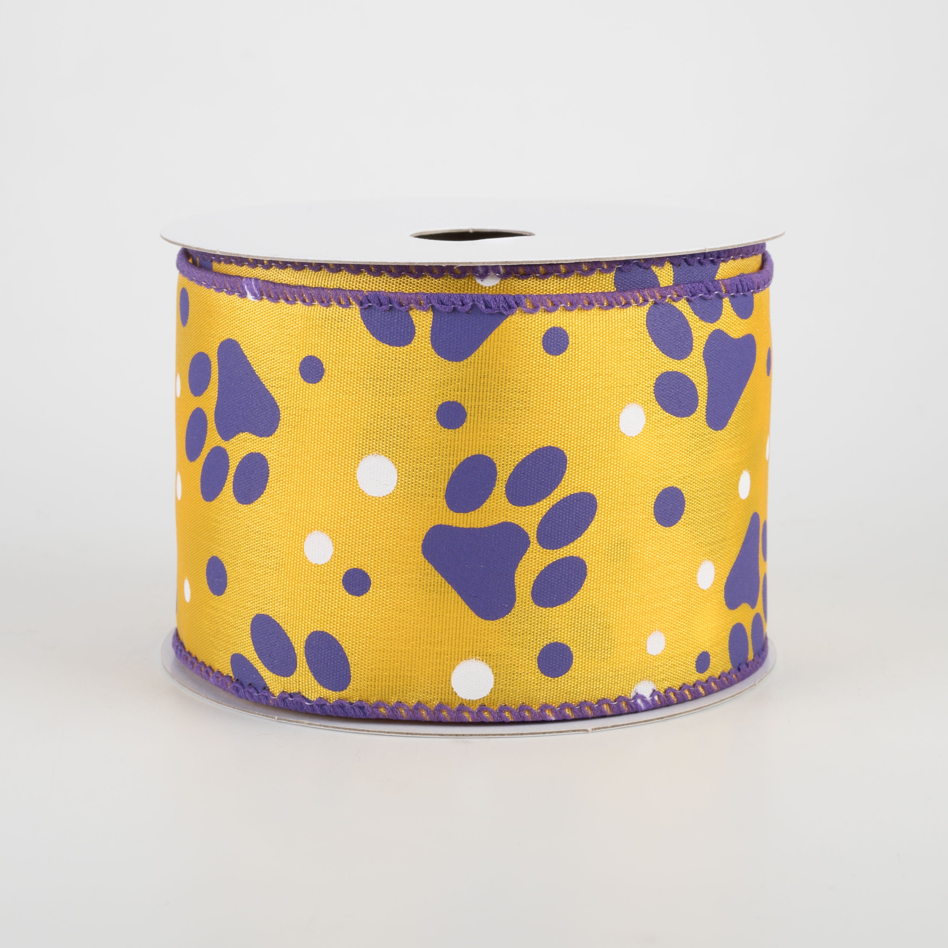 2.5" Paw Print Polka Dot Ribbon: Purple & Yellow (10 Yards)