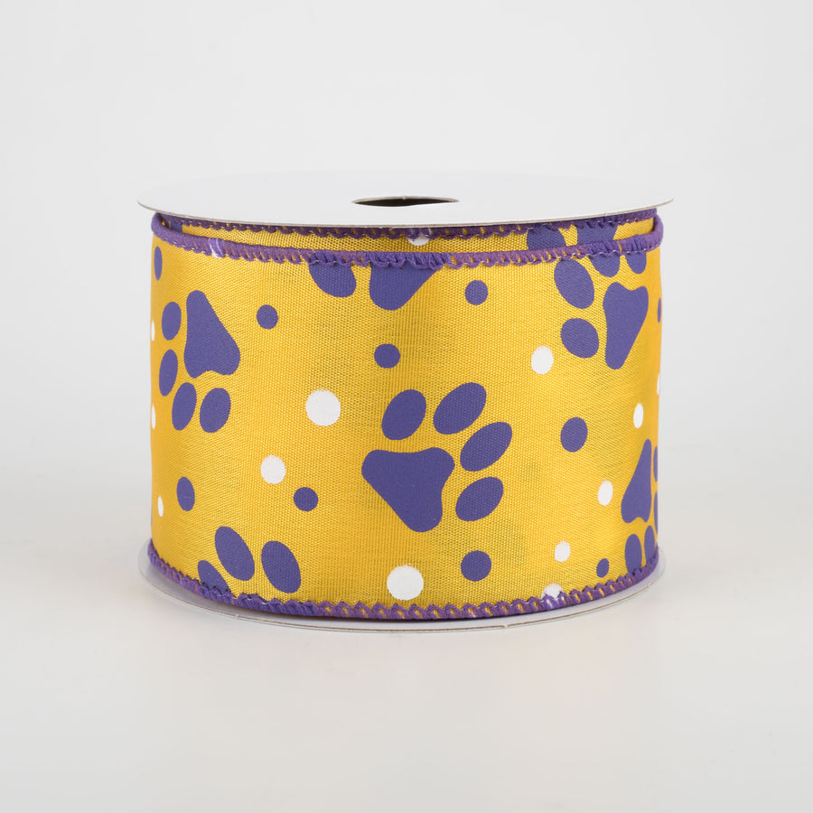 2.5" Paw Print Polka Dot Ribbon: Purple & Yellow (10 Yards)