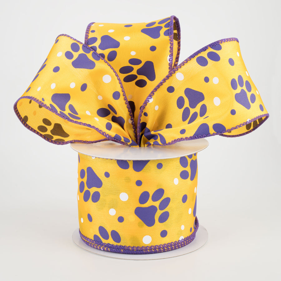 2.5" Paw Print Polka Dot Ribbon: Purple & Yellow (10 Yards)