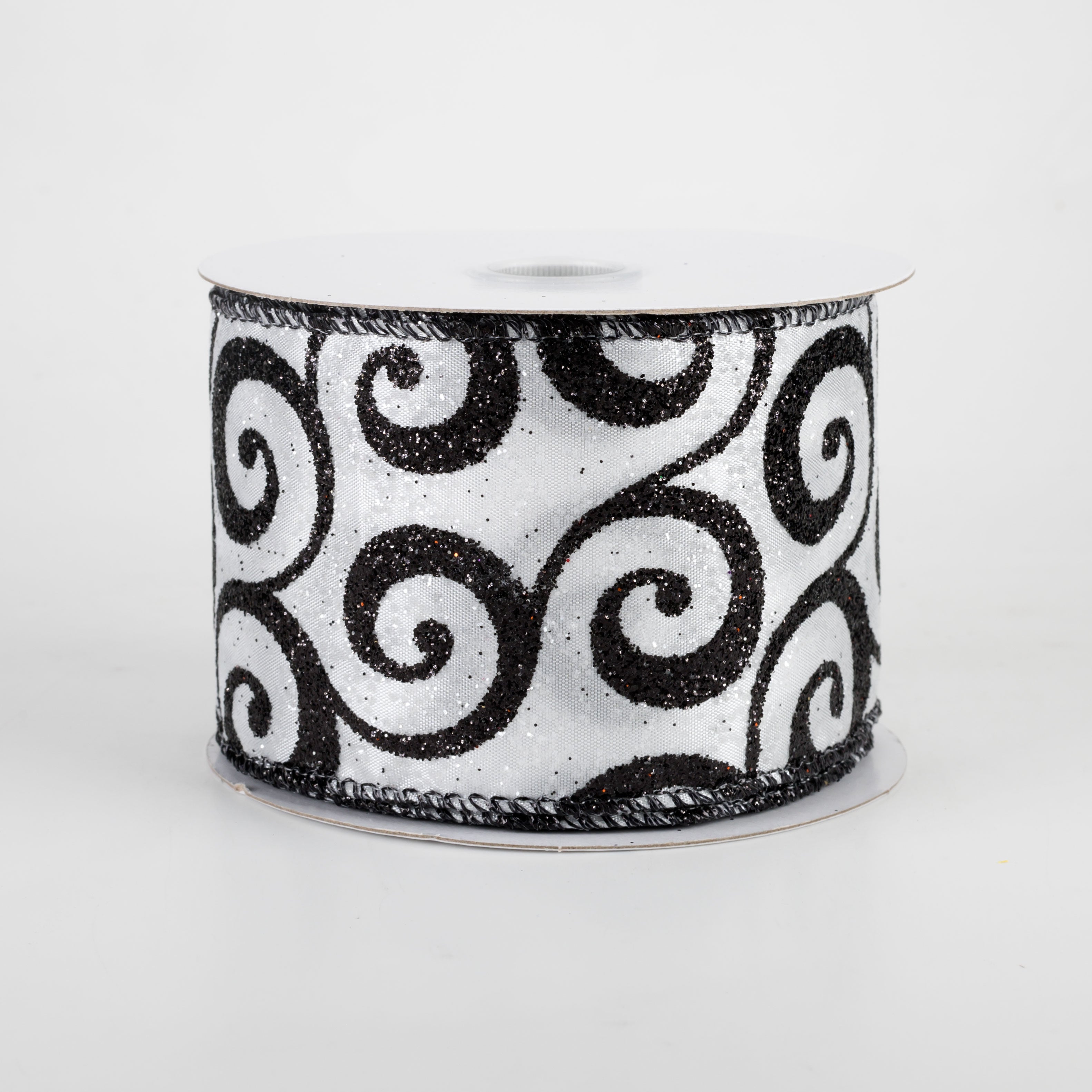 2.5" Ultra Glitter Swirls Ribbon: Black & White (10 Yards)