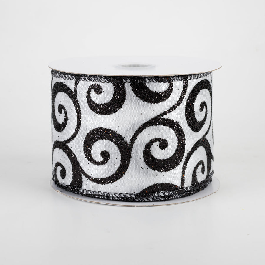 2.5" Ultra Glitter Swirls Ribbon: Black & White (10 Yards)
