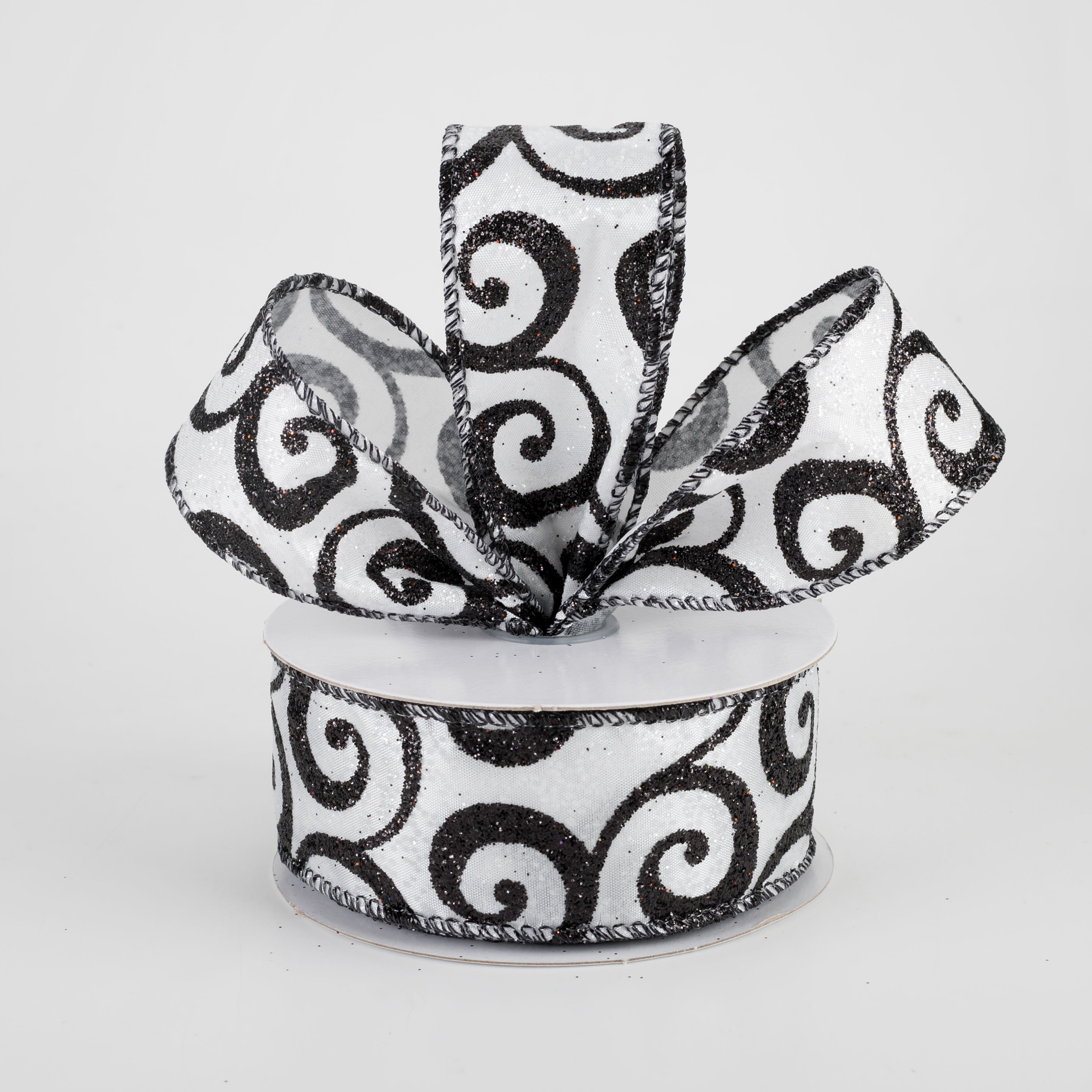 1.5" Ultra Glitter Swirls Ribbon: Black & White (10 Yards) Lifestyle Photo