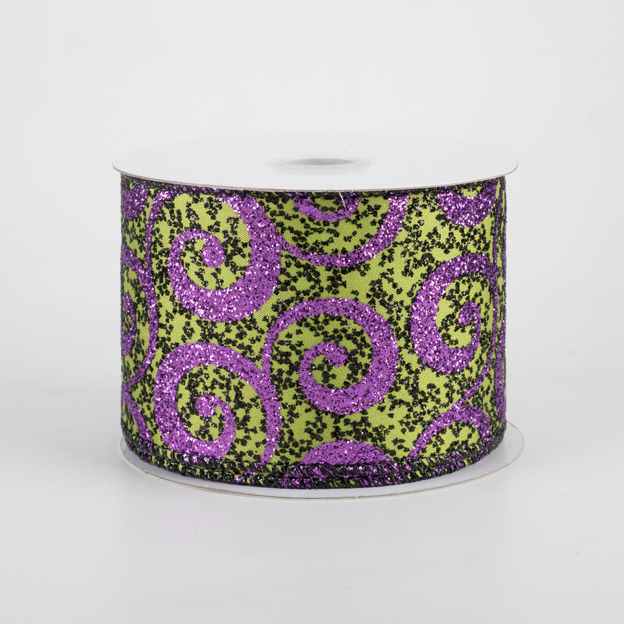 2.5" Ultra Glitter Swirls Ribbon: Lime & Purple (10 Yards)