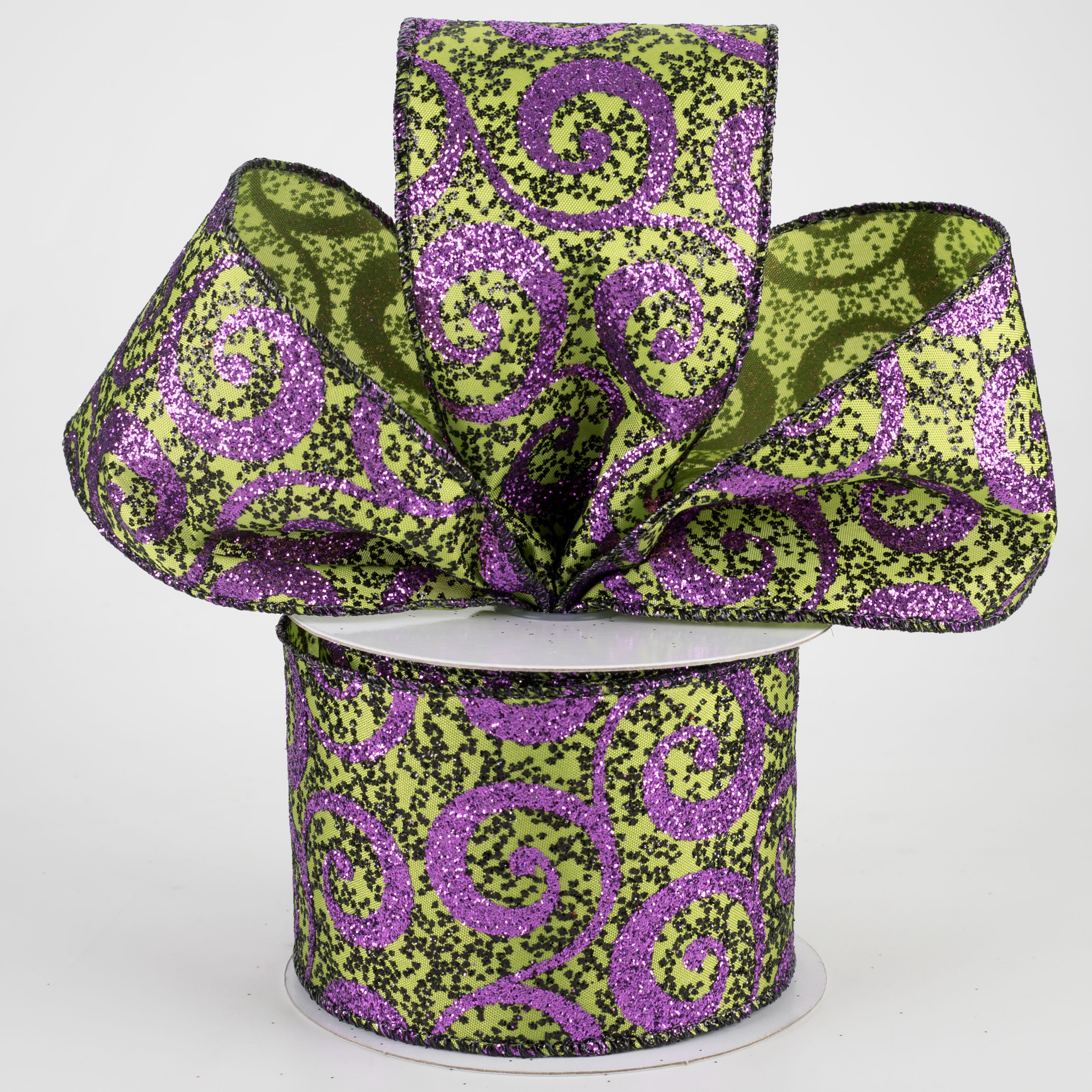 2.5" Ultra Glitter Swirls Ribbon: Lime & Purple (10 Yards) Lifestyle Photo