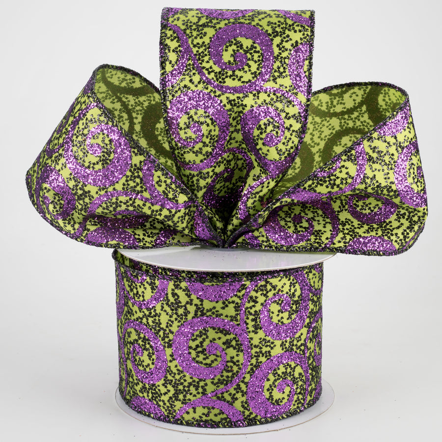 2.5" Ultra Glitter Swirls Ribbon: Lime & Purple (10 Yards) Lifestyle Photo