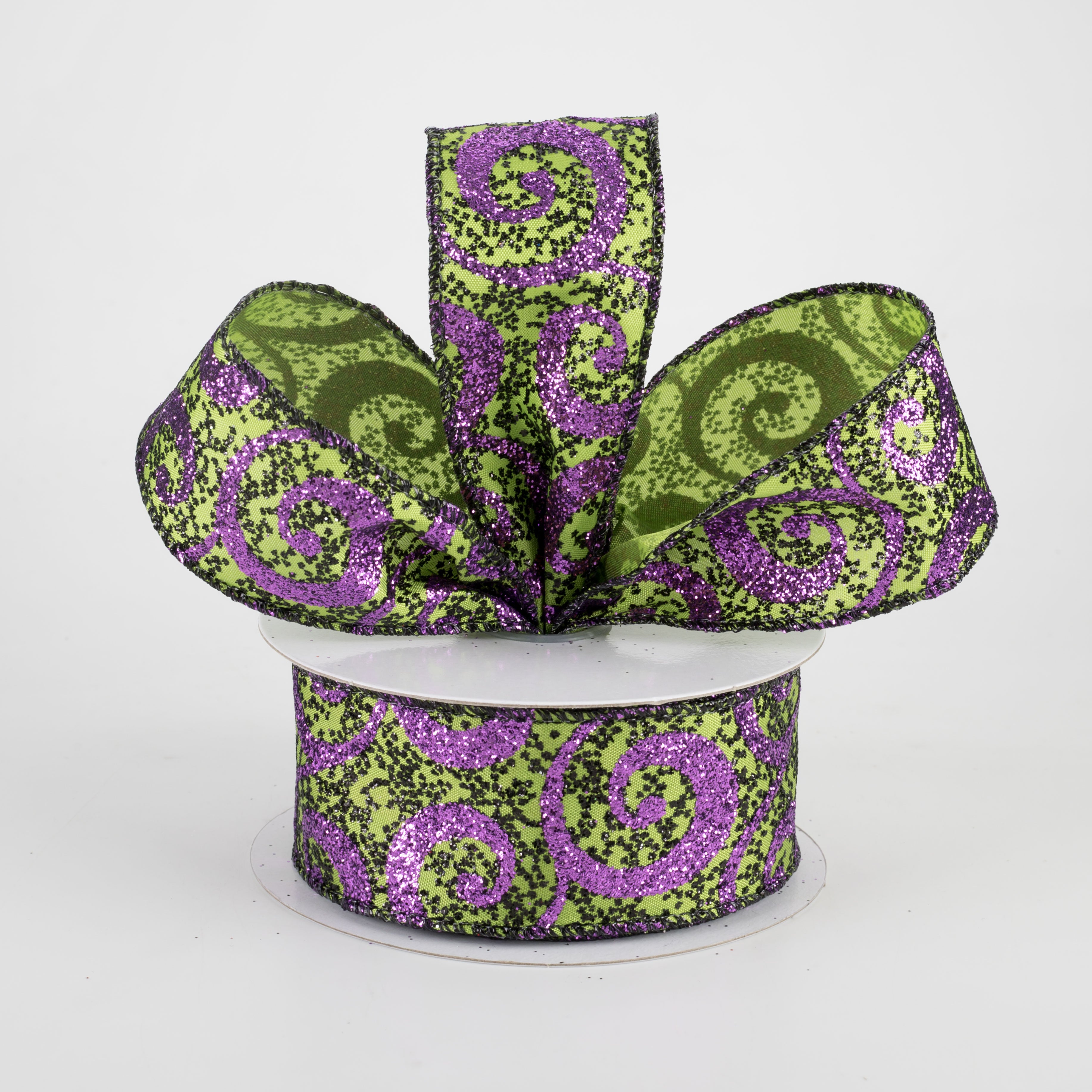 1.5" Ultra Glitter Swirls Ribbon: Lime & Purple (10 Yards) Lifestyle Photo