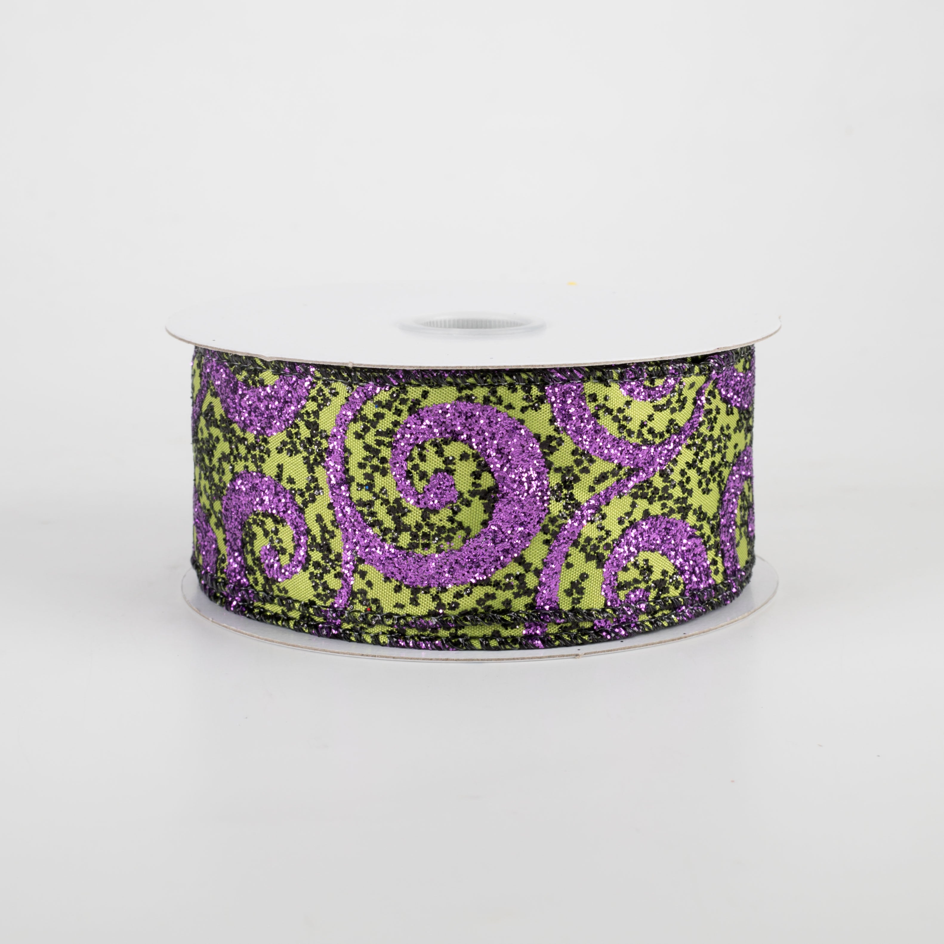 1.5" Ultra Glitter Swirls Ribbon: Lime & Purple (10 Yards)